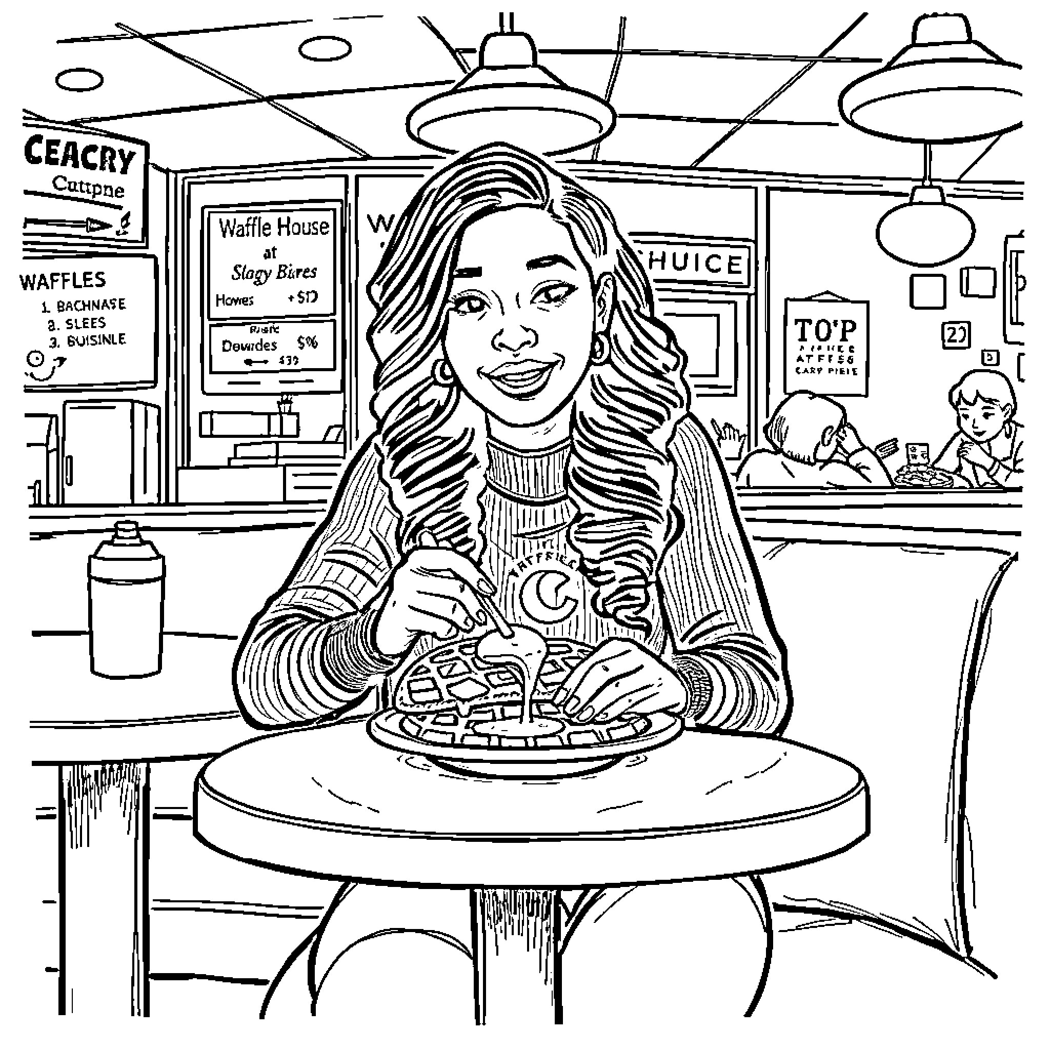 Elyse enjoys a meal at the diner Coloring Page (free black-and-white line drawing printable PDF for all, from beginners to advanced learners, including children, teens, adults, and seniors)