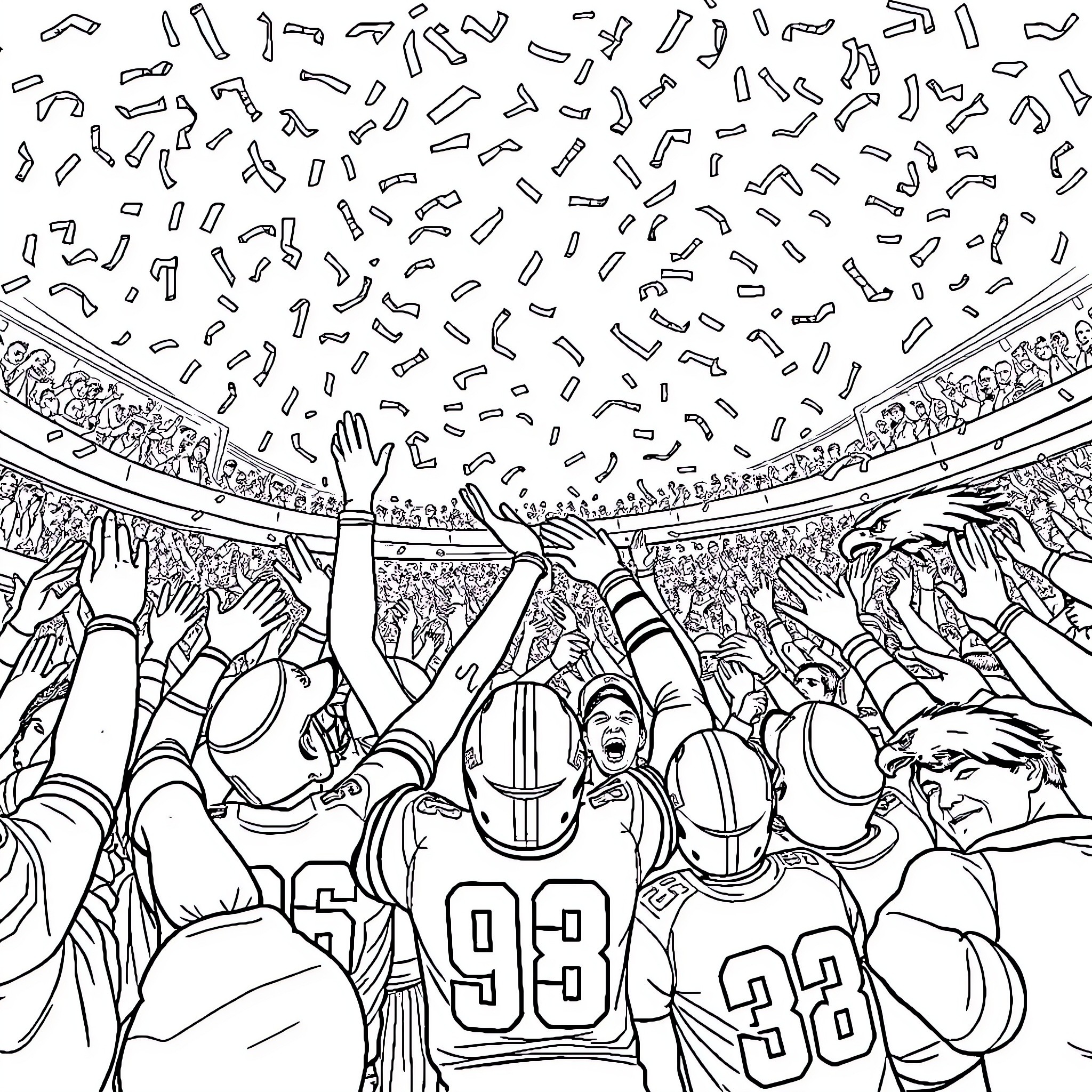 Eagles fans celebrating in stadium Coloring Page (free black-and-white line drawing printable PDF for all, from beginners to advanced learners, including children, teens, adults, and seniors)