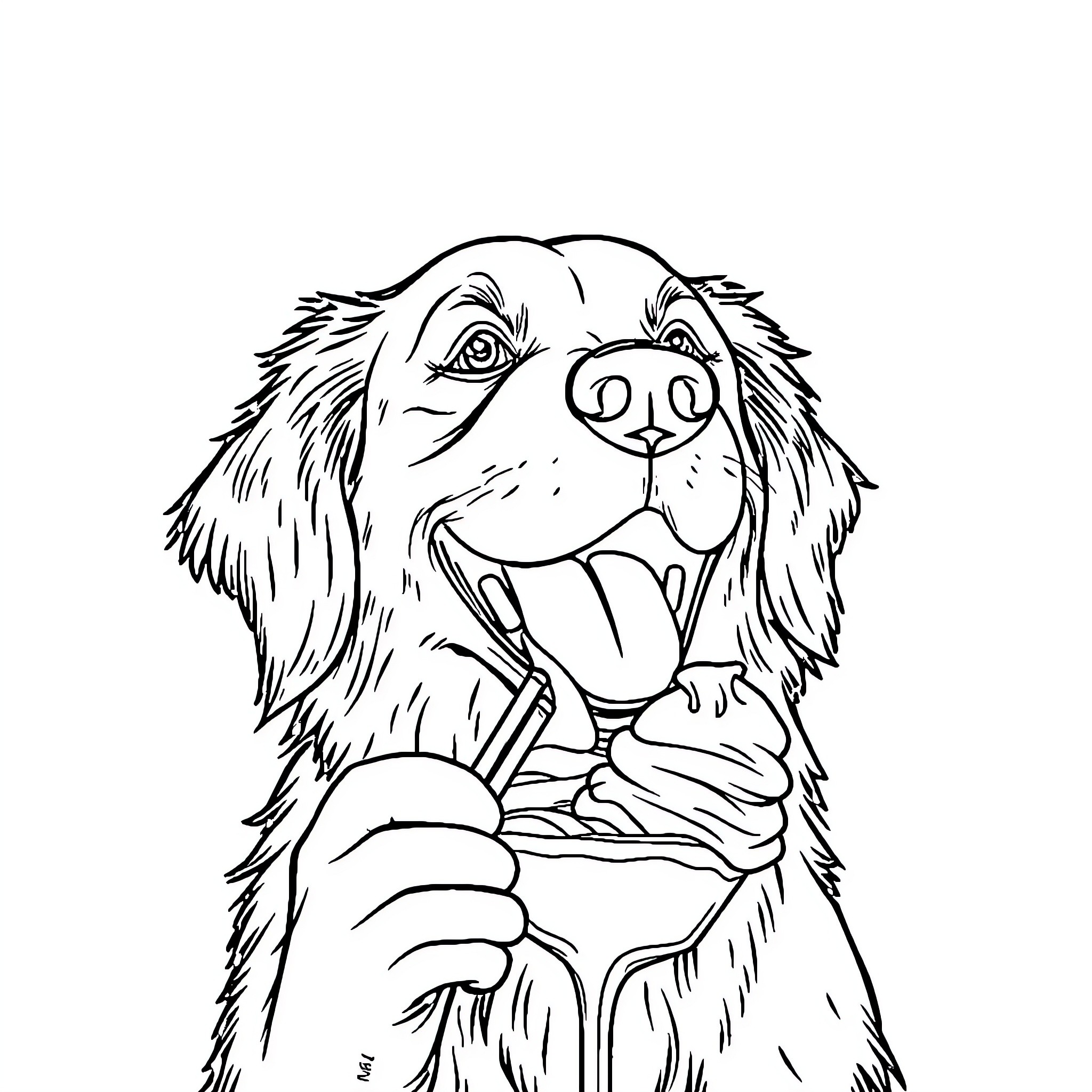 Golden Retriever enjoying a tasty treat Coloring Page (free black-and-white line drawing printable PDF for all, from beginners to advanced learners, including children, teens, adults, and seniors)