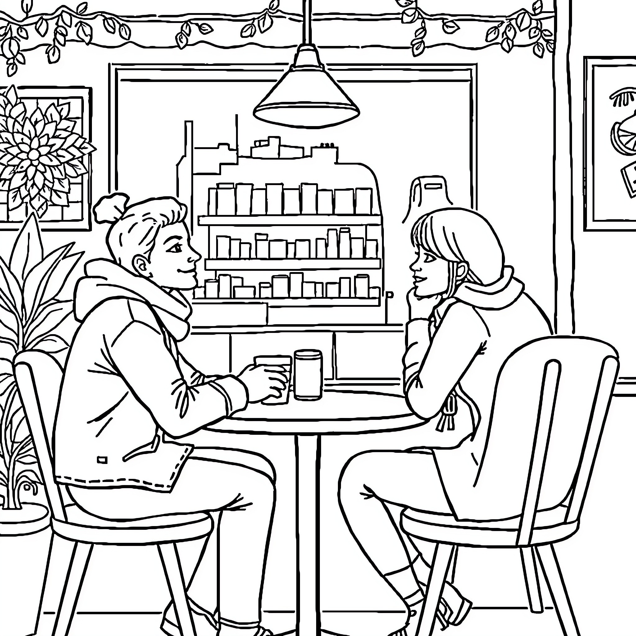 Chat over a Cozy Cafe Setting Coloring Page (free black-and-white line drawing printable PDF for all, from beginners to advanced learners, including children, teens, adults, and seniors)