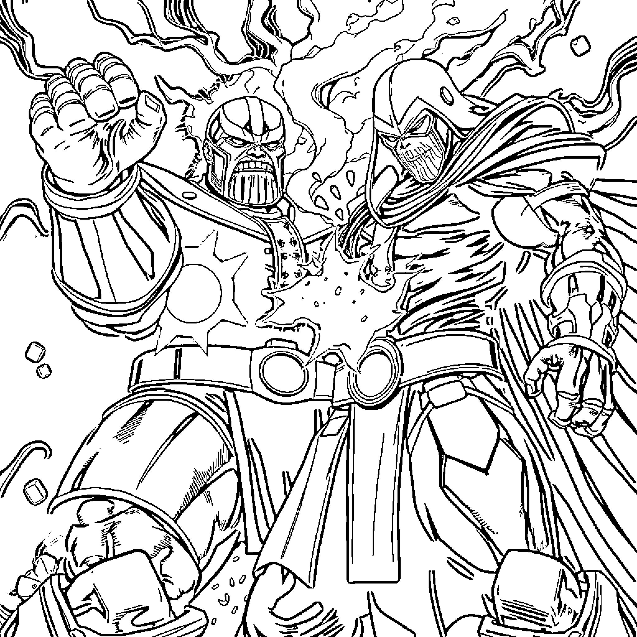Thanos unleashing his cosmic power against foes Coloring Page (free black-and-white line drawing printable PDF for all, from beginners to advanced learners, including children, teens, adults, and seniors)