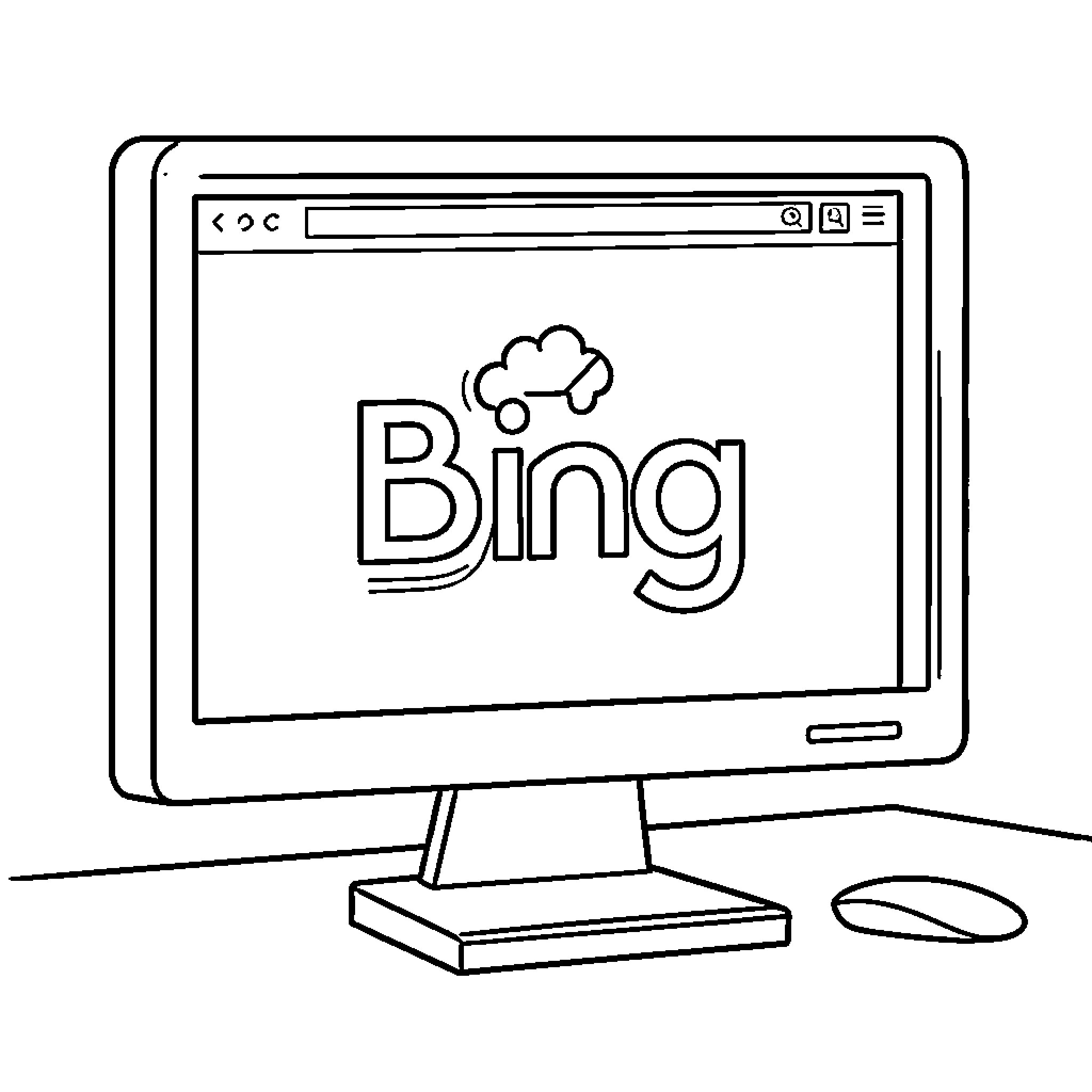 Bing search engine on computer display Coloring Page (free black-and-white line drawing printable PDF for all, from beginners to advanced learners, including children, teens, adults, and seniors)