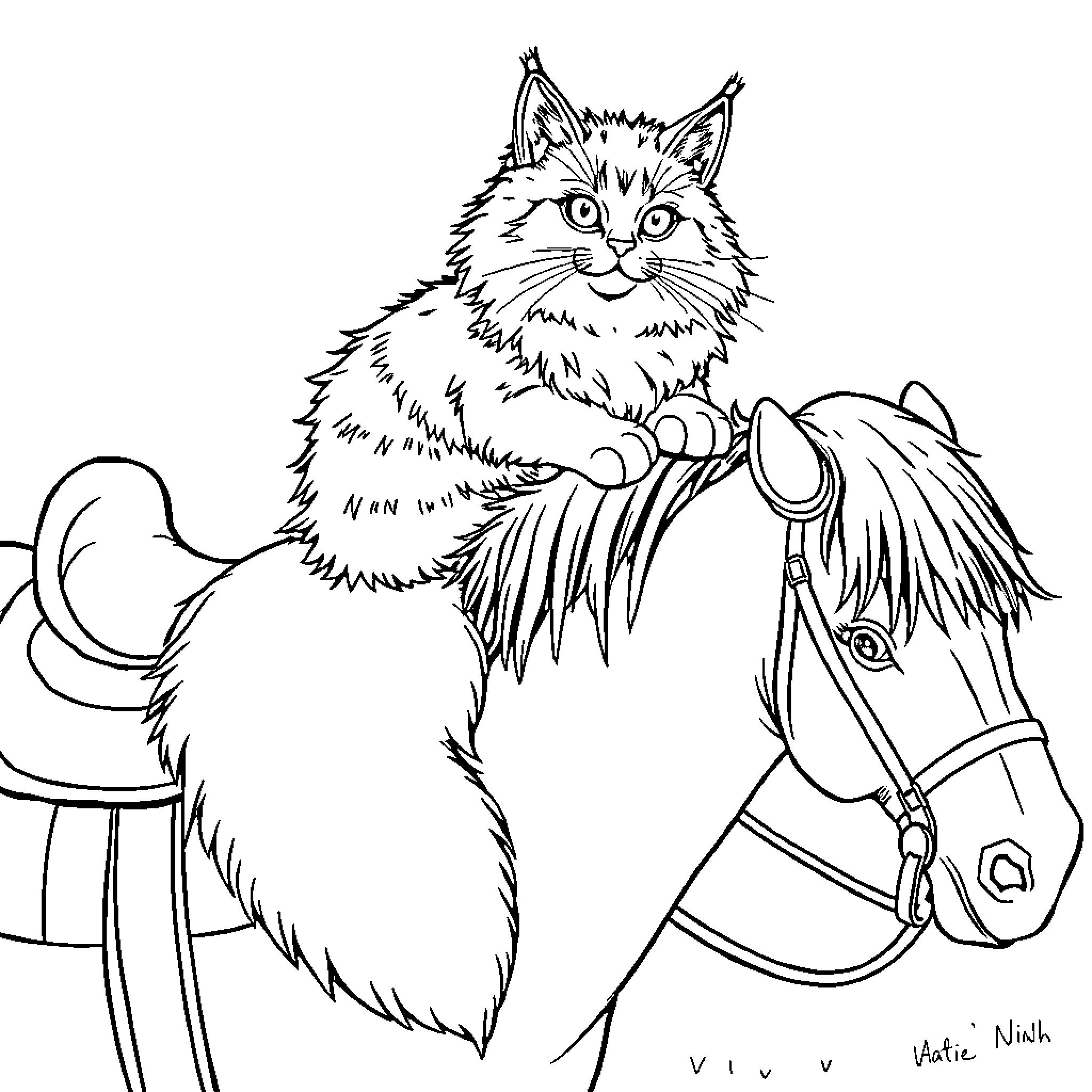 Cat riding a wooden horse in black and white Coloring Page (free black-and-white line drawing printable PDF for all, from beginners to advanced learners, including children, teens, adults, and seniors)