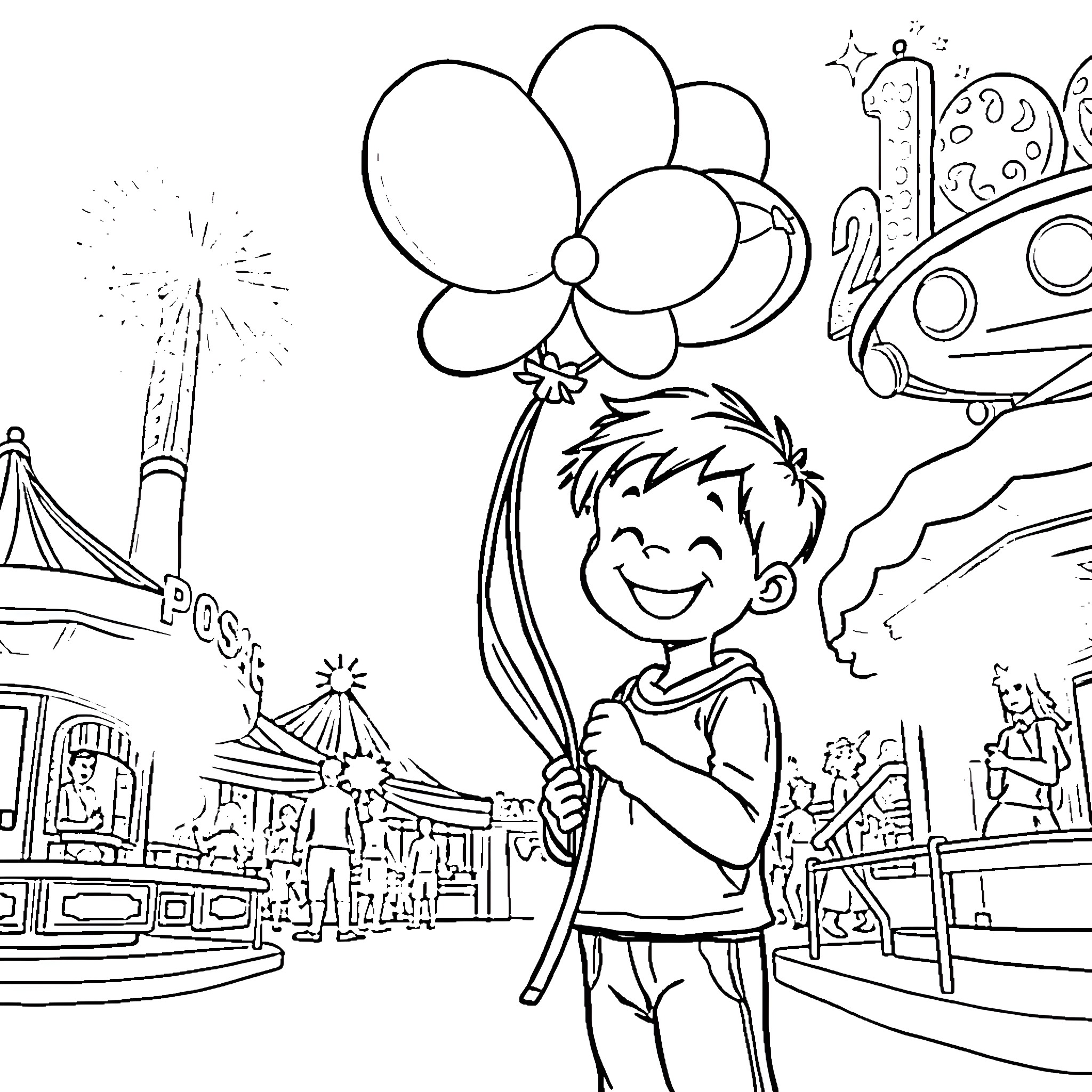 Kid enjoying carnival rides and balloons Coloring Page (free black-and-white line drawing printable PDF for all, from beginners to advanced learners, including children, teens, adults, and seniors)