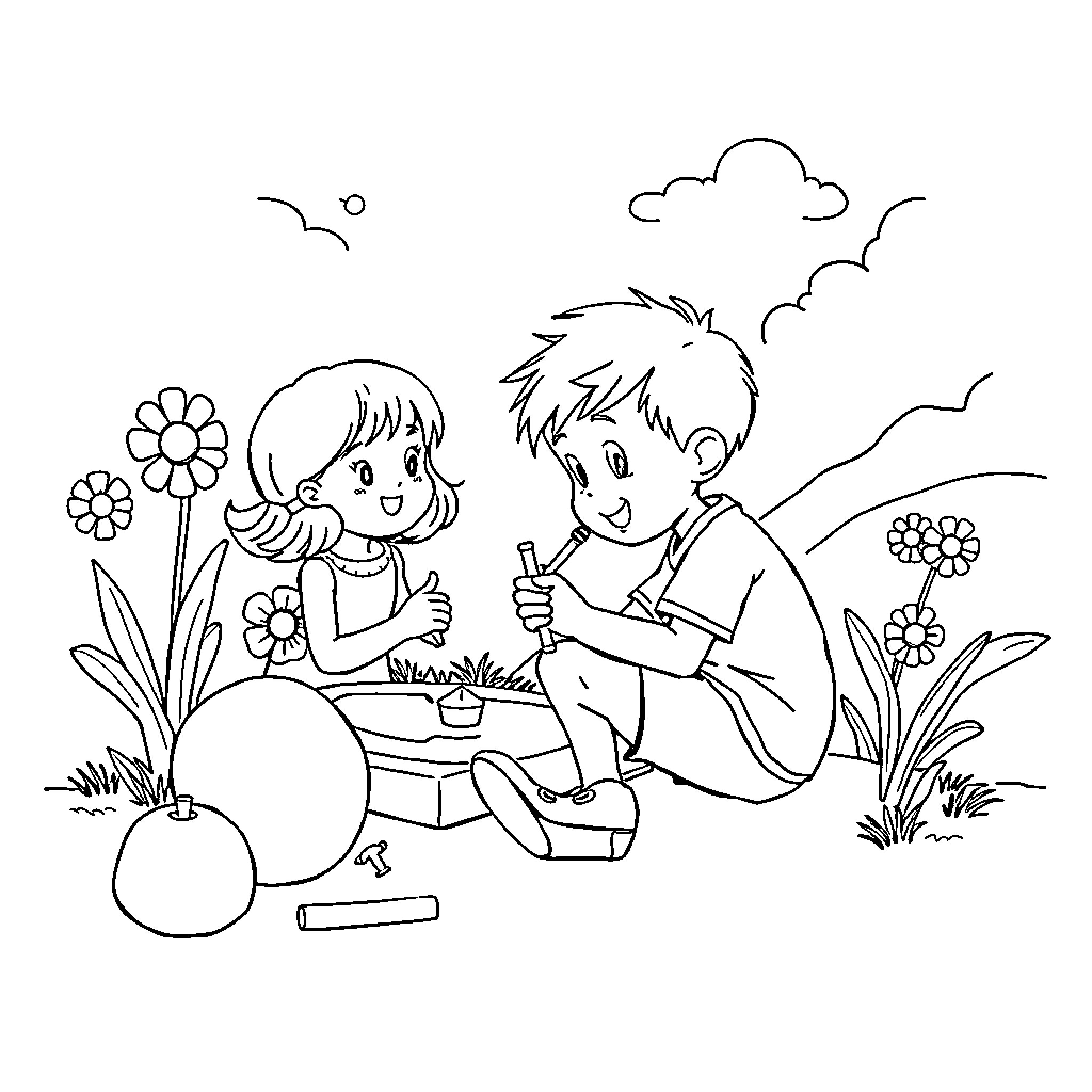 Activity of Children Playing Outdoors Coloring Page (free black-and-white line drawing printable PDF for all, from beginners to advanced learners, including children, teens, adults, and seniors)