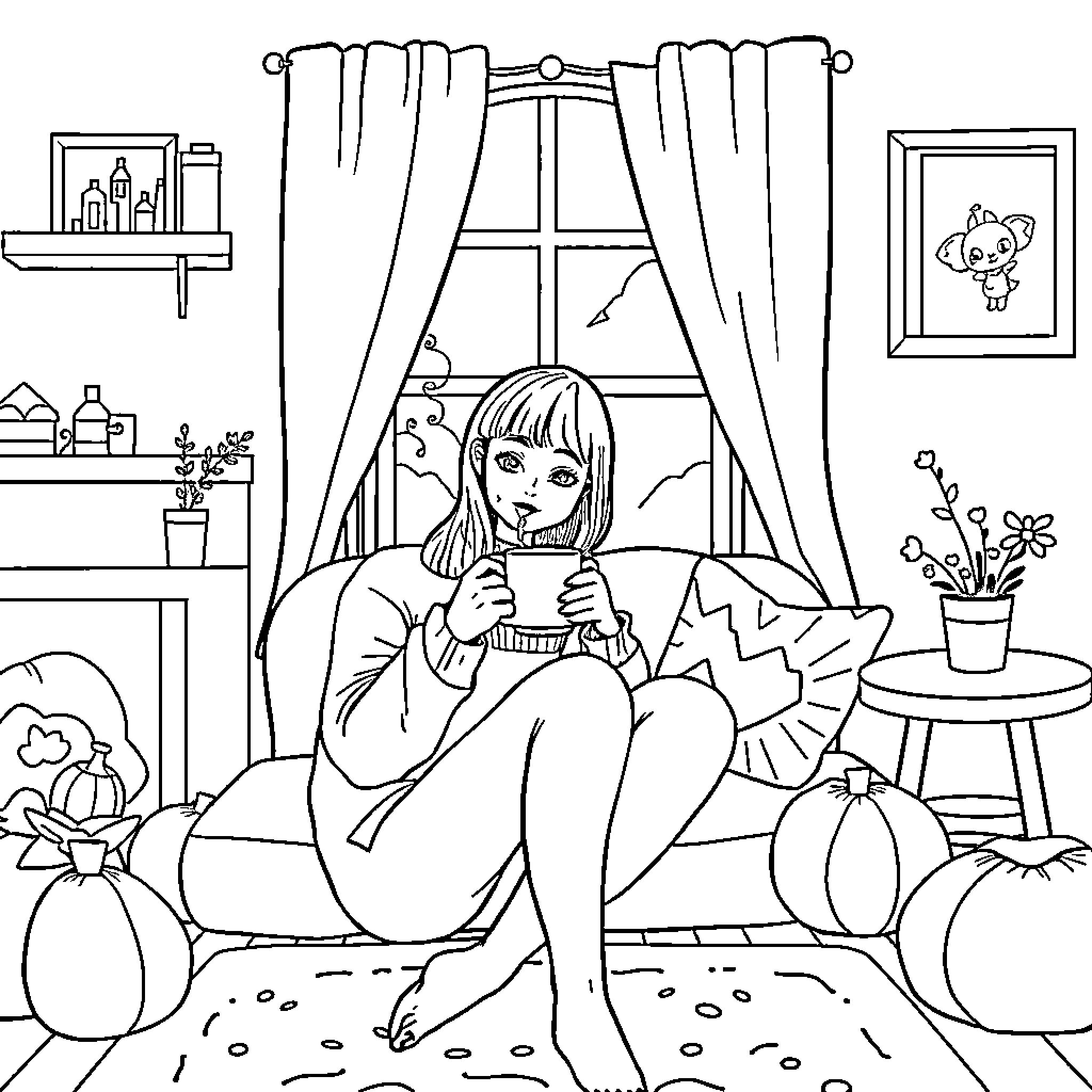 Girl relaxing with a cup of tea in her cozy room Coloring Page (free black-and-white line drawing printable PDF for all, from beginners to advanced learners, including children, teens, adults, and seniors)