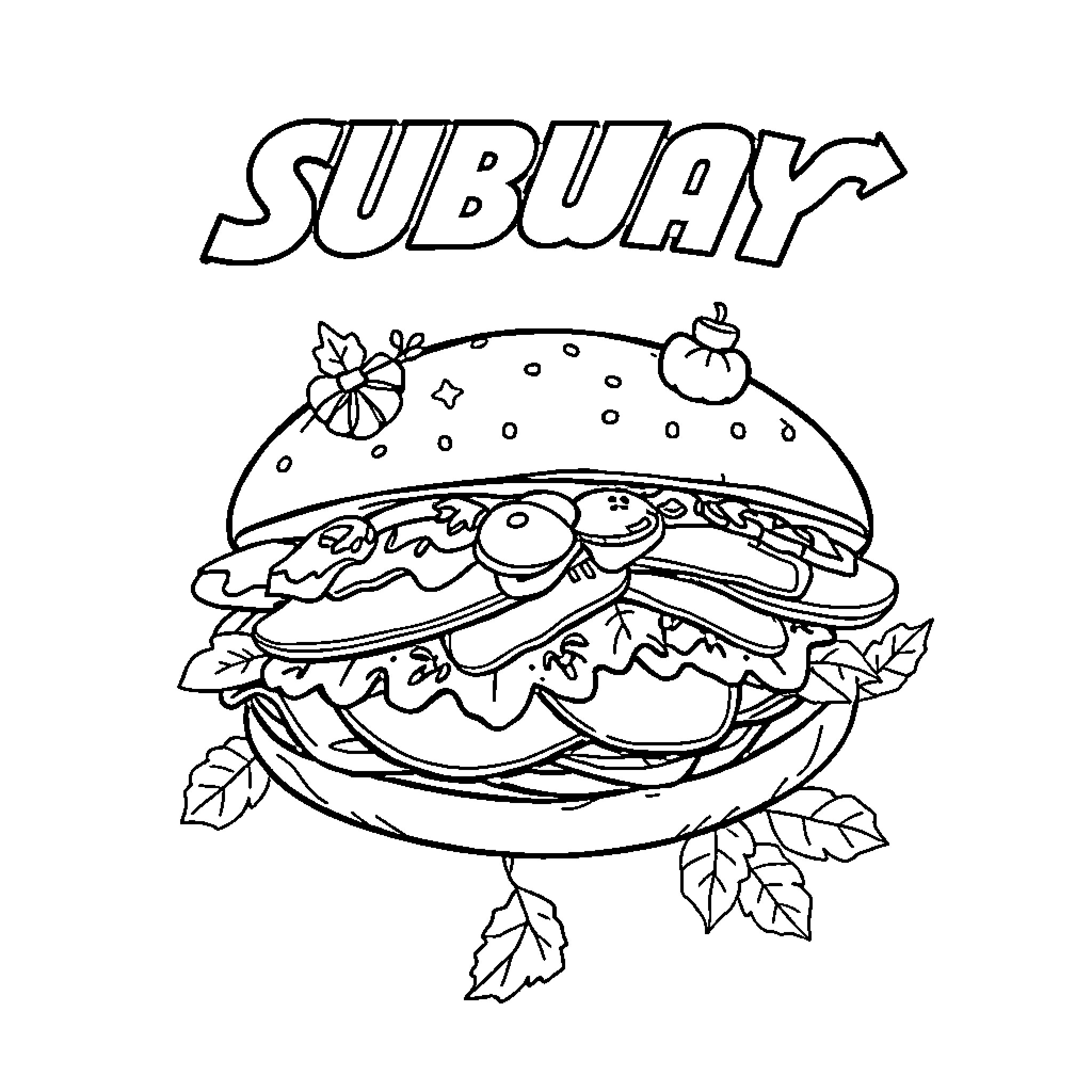 Subway sandwich with floral and leaf accents Coloring Page (free black-and-white line drawing printable PDF for all, from beginners to advanced learners, including children, teens, adults, and seniors)