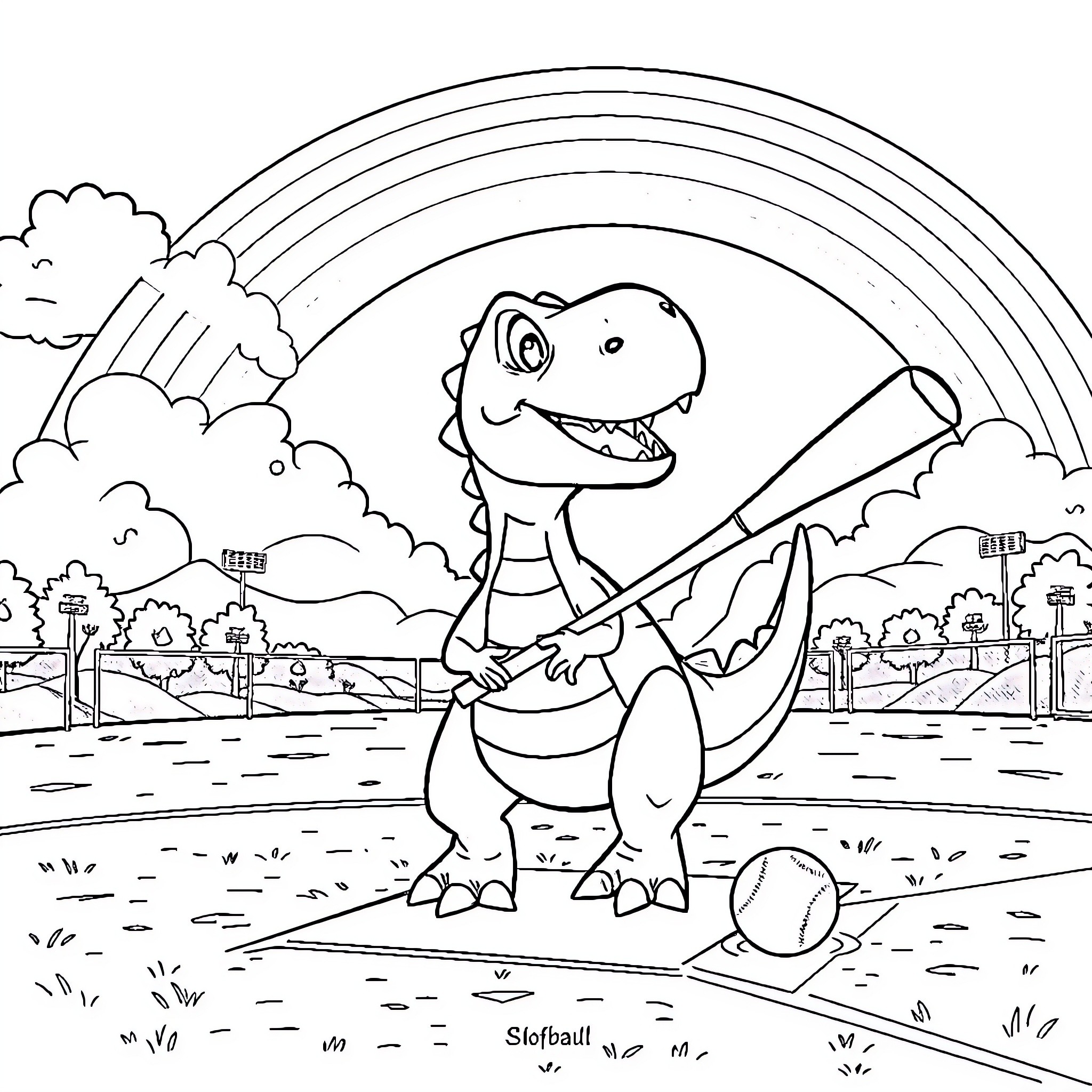 Dinosaur playing baseball under a rainbow Coloring Page (free black-and-white line drawing printable PDF for all, from beginners to advanced learners, including children, teens, adults, and seniors)