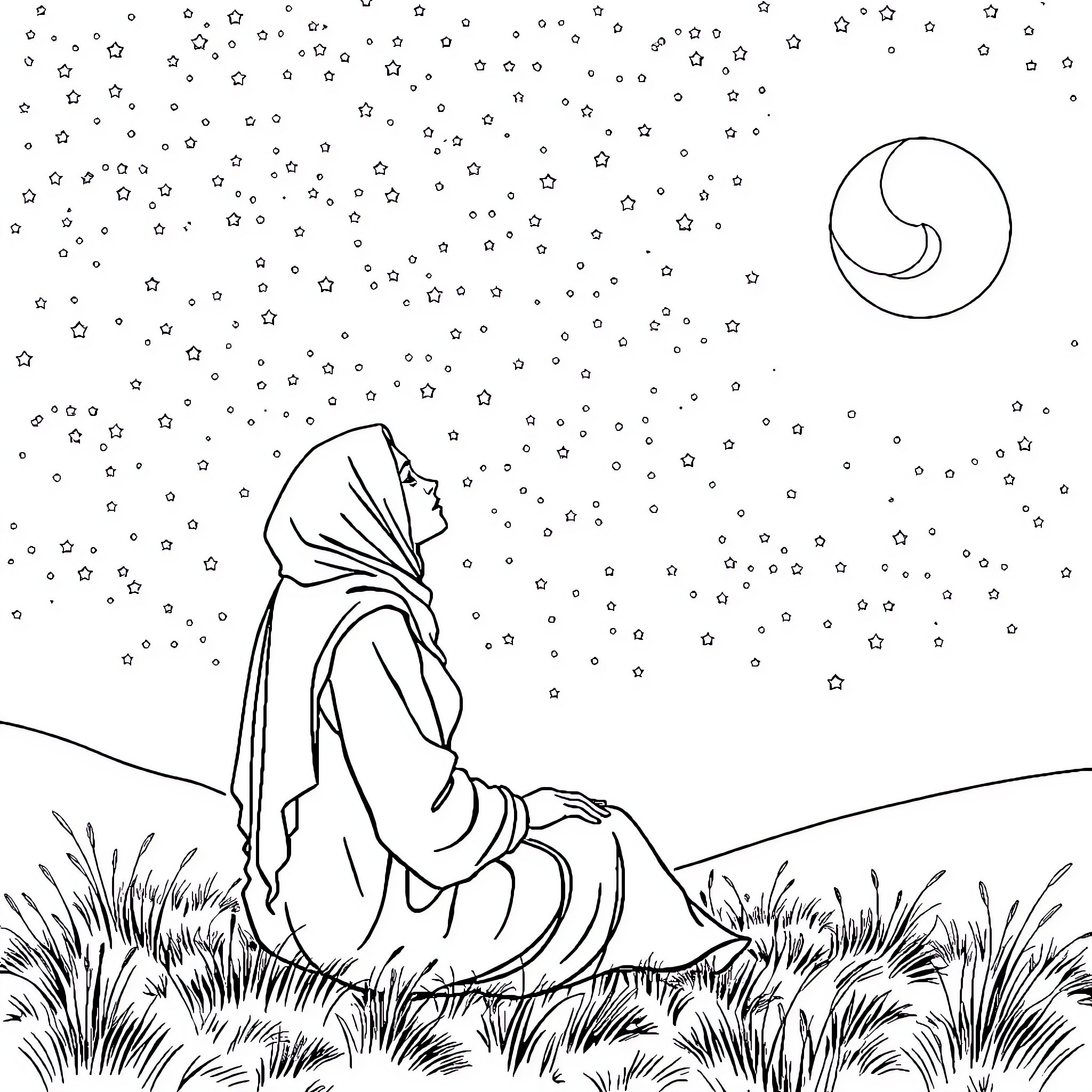 Woman gazing at the starry night sky Coloring Page (free black-and-white line drawing printable PDF for all, from beginners to advanced learners, including children, teens, adults, and seniors)