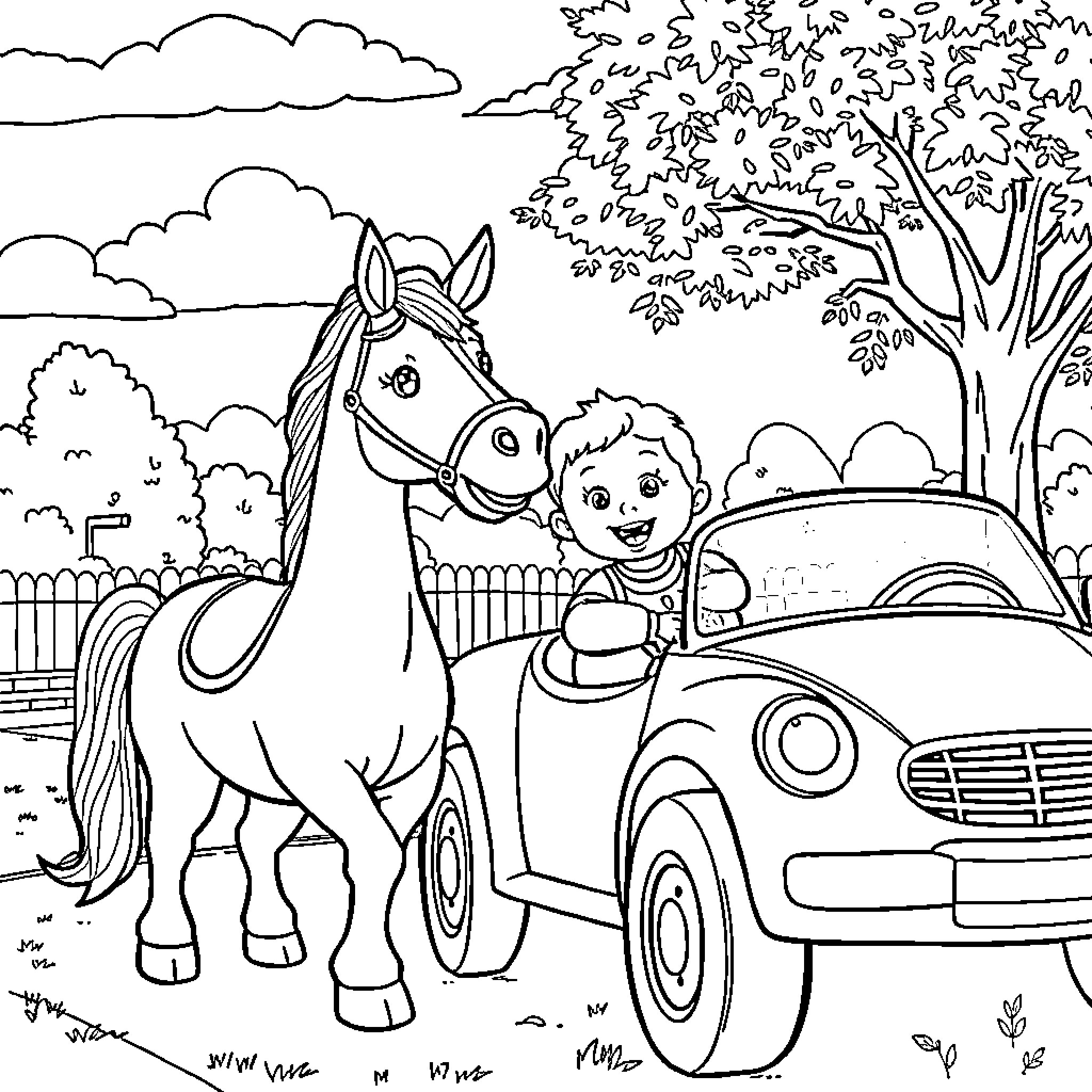 Patatrueno playing with horse in the countryside Coloring Page (free black-and-white line drawing printable PDF for all, from beginners to advanced learners, including children, teens, adults, and seniors)