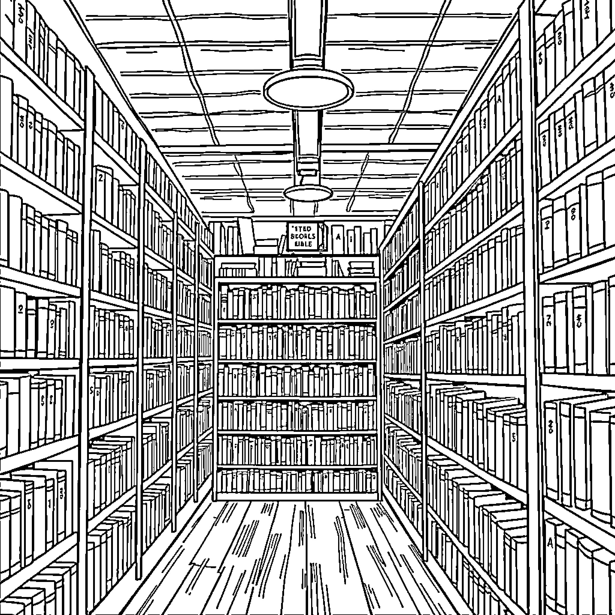 Bible Book Library Shelves Coloring Page (free black-and-white line drawing printable PDF for all, from beginners to advanced learners, including children, teens, adults, and seniors)