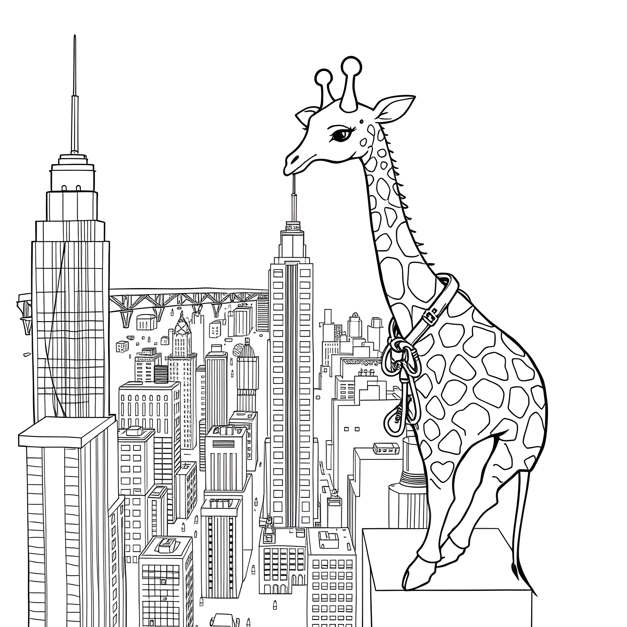 Giraffe exploring the bustling city skyline Coloring Page (free black-and-white line drawing printable PDF for all, from beginners to advanced learners, including children, teens, adults, and seniors)