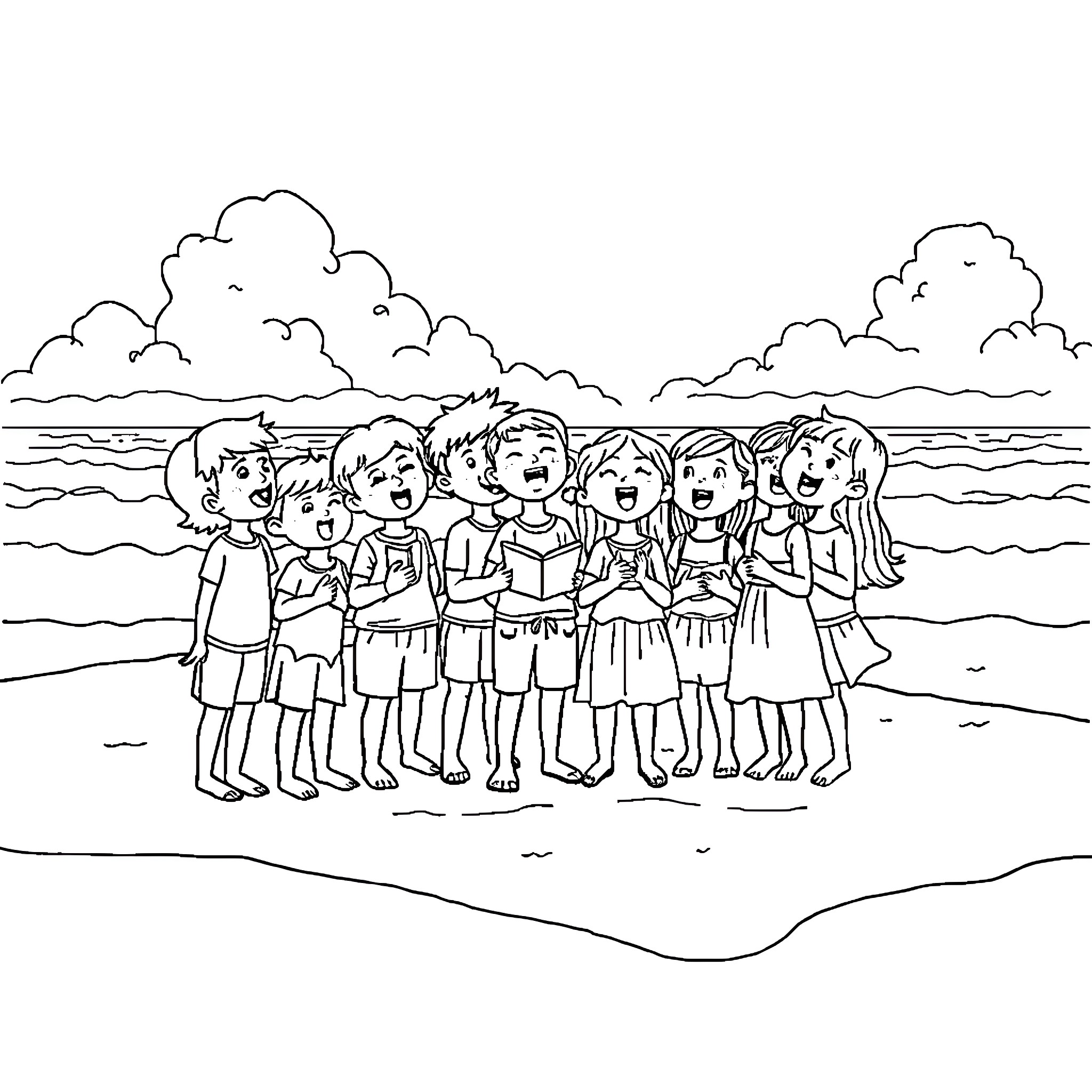 Kids enjoying a sunny day at the beach Coloring Page (free black-and-white line drawing printable PDF for all, from beginners to advanced learners, including children, teens, adults, and seniors)