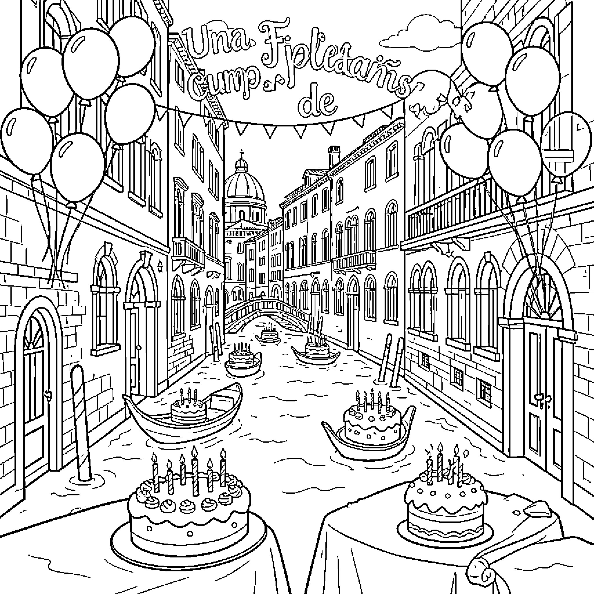 Venecia: Festive Celebration in the Venetian Canals Coloring Page (free black-and-white line drawing printable PDF for all, from beginners to advanced learners, including children, teens, adults, and seniors)