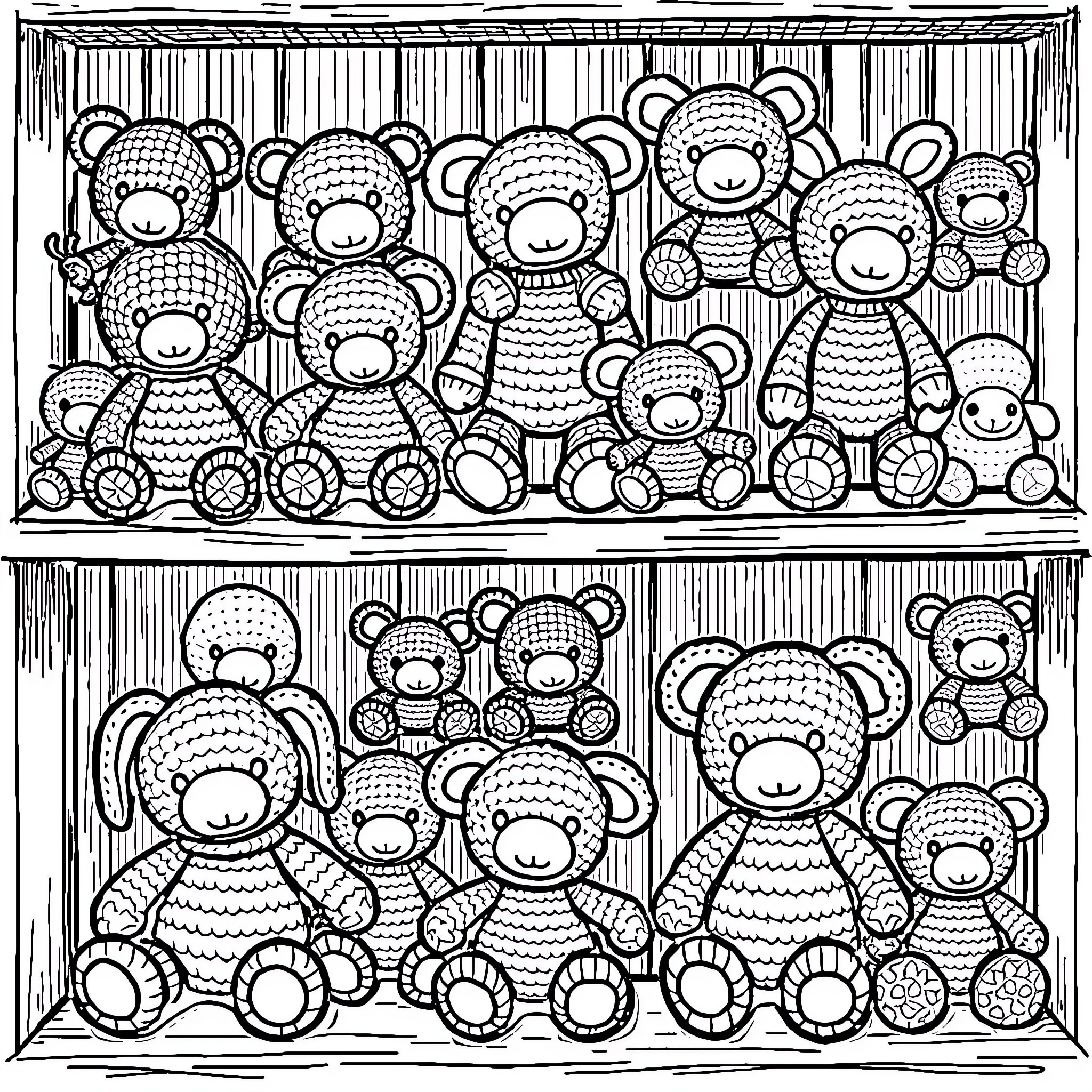 Amigurumi teddy bears and friends on shelves Coloring Page (free black-and-white line drawing printable PDF for all, from beginners to advanced learners, including children, teens, adults, and seniors)