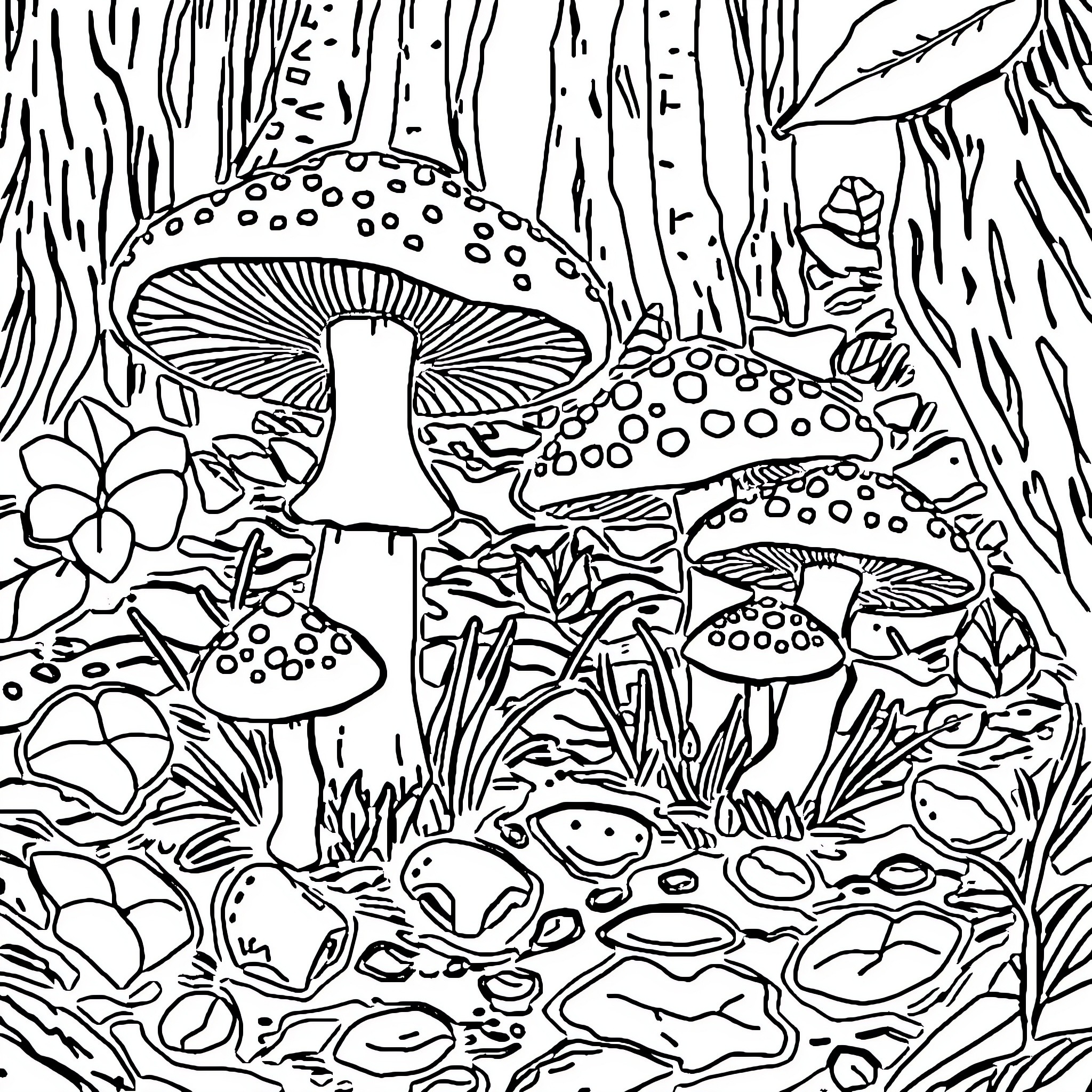 Fungi in a Whimsical Forest Landscape Coloring Page (free black-and-white line drawing printable PDF for all, from beginners to advanced learners, including children, teens, adults, and seniors)