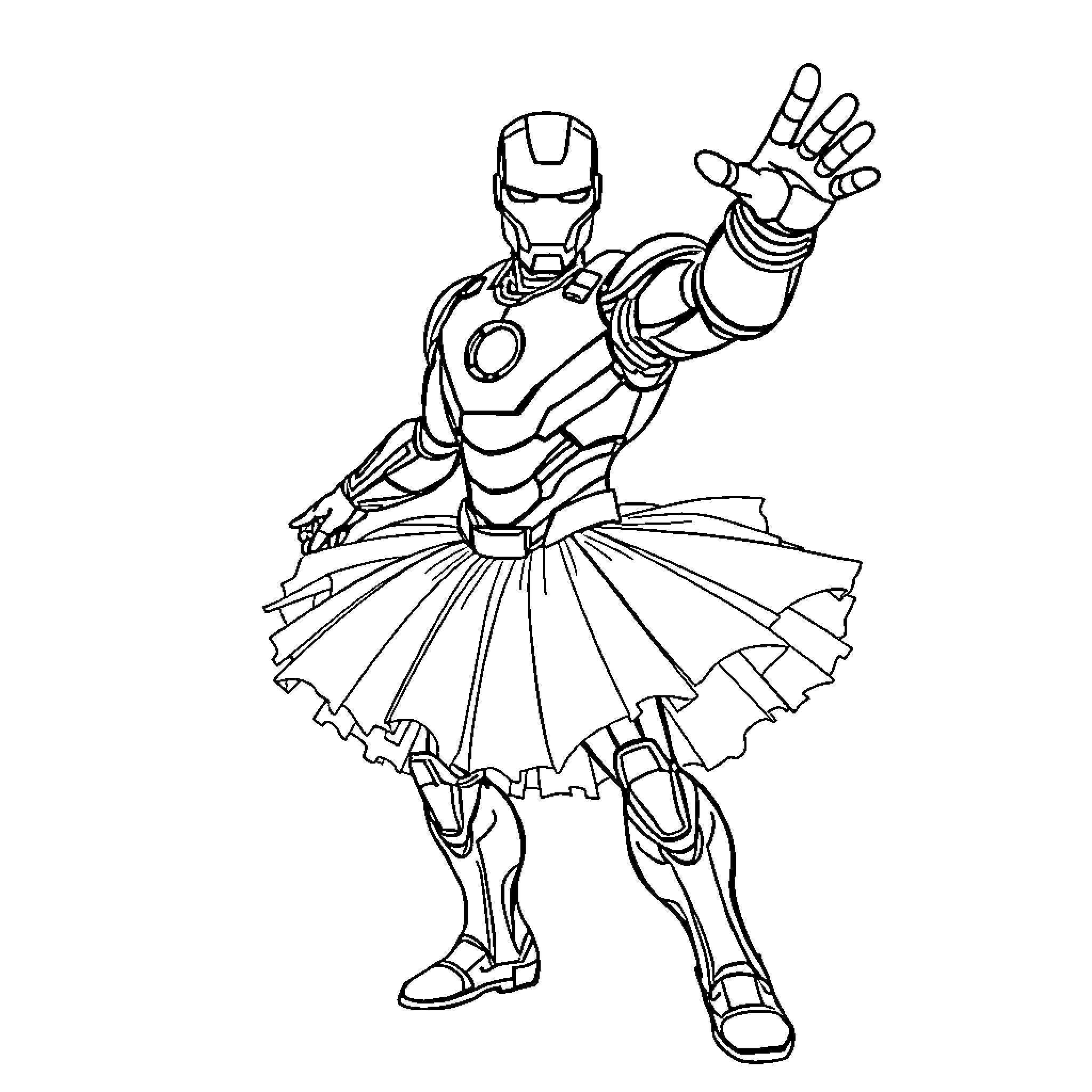 Ironman in ballet pose with outstretched hand Coloring Page (free black-and-white line drawing printable PDF for all, from beginners to advanced learners, including children, teens, adults, and seniors)