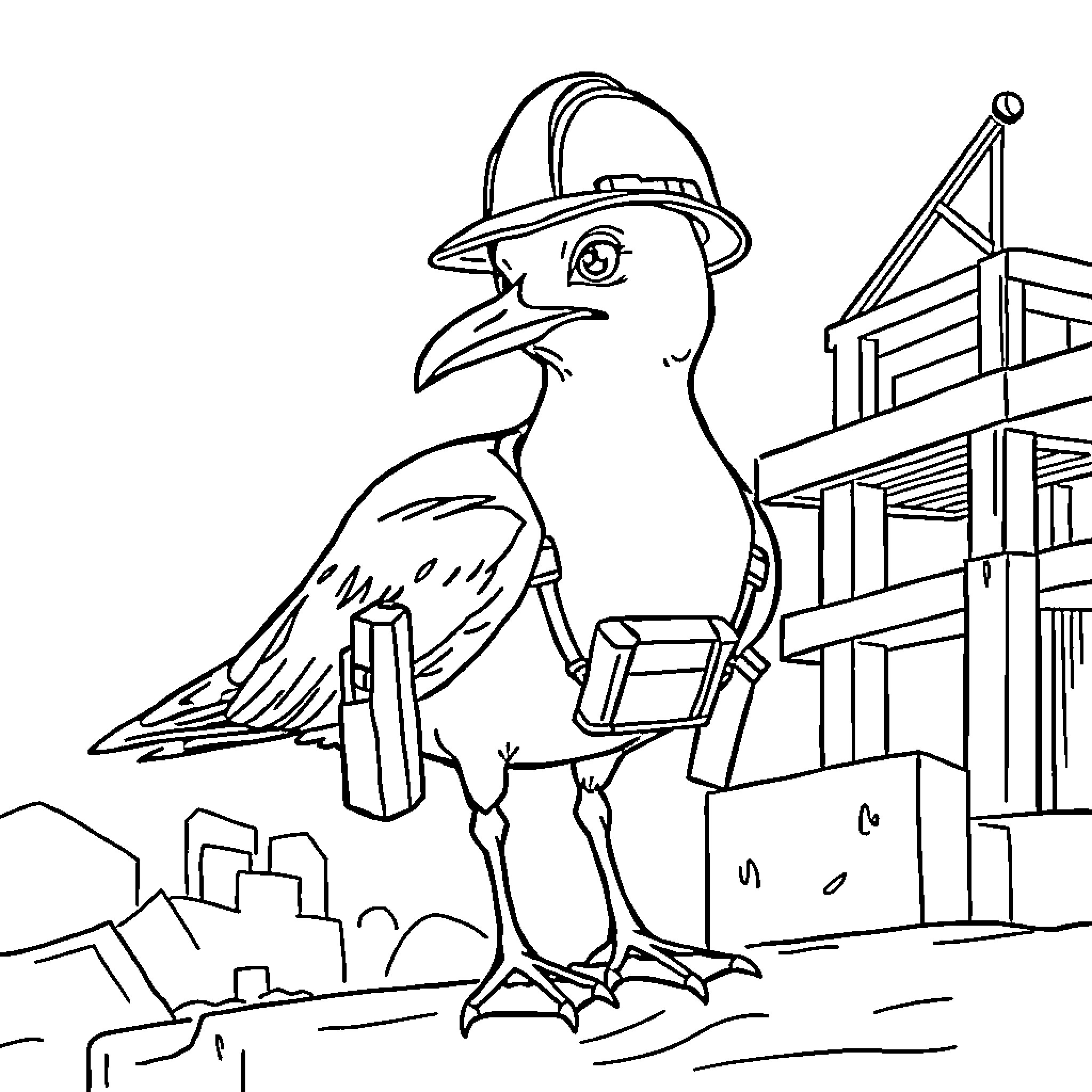 Seagull wearing hardhat exploring construction site Coloring Page (free black-and-white line drawing printable PDF for all, from beginners to advanced learners, including children, teens, adults, and seniors)