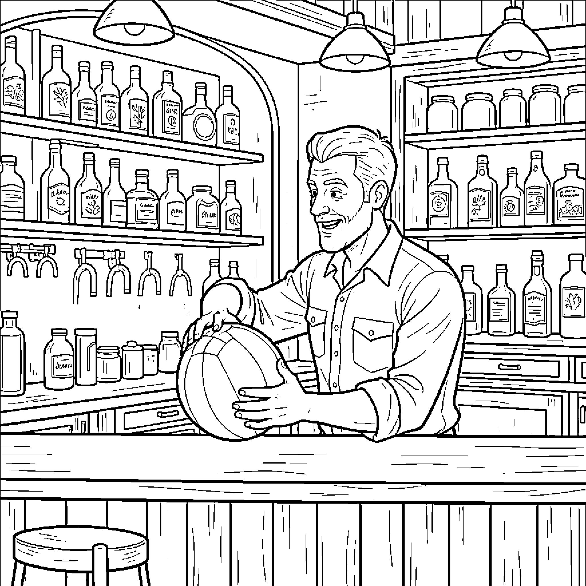 Barman smiling while preparing a drink behind the counter Coloring Page (free black-and-white line drawing printable PDF for all, from beginners to advanced learners, including children, teens, adults, and seniors)