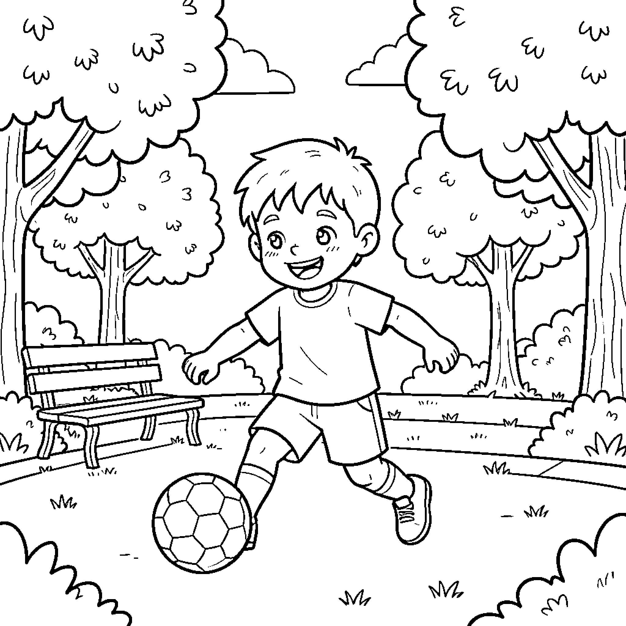 Niño jugando alegremente con balón en el parque Coloring Page (free black-and-white line drawing printable PDF for all, from beginners to advanced learners, including children, teens, adults, and seniors)