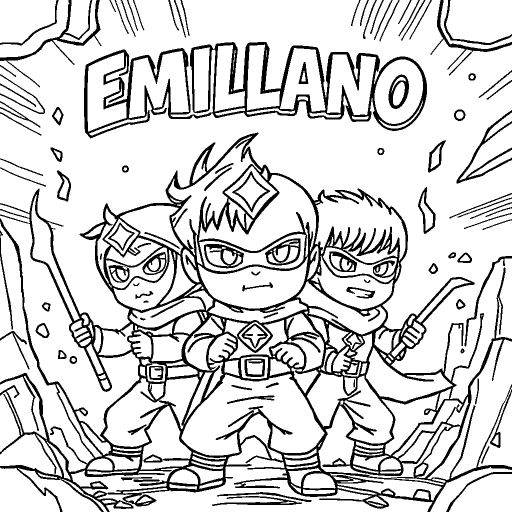 Hero Trio Embarking on an Adventure Coloring Page (free black-and-white line drawing printable PDF for all, from beginners to advanced learners, including children, teens, adults, and seniors)