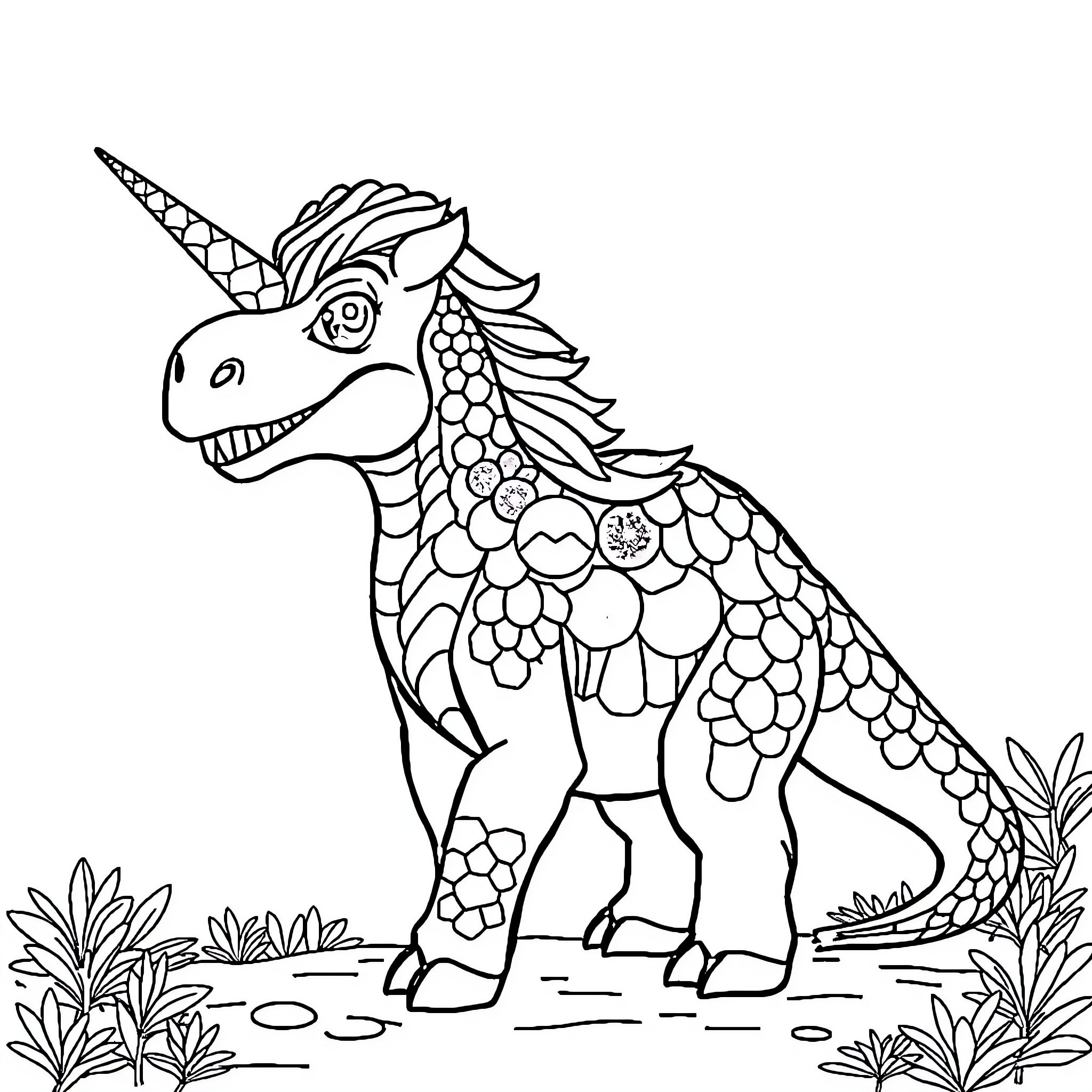 Unicorn Dinosaur exploring the colorful vegetation Coloring Page (free black-and-white line drawing printable PDF for all, from beginners to advanced learners, including children, teens, adults, and seniors)