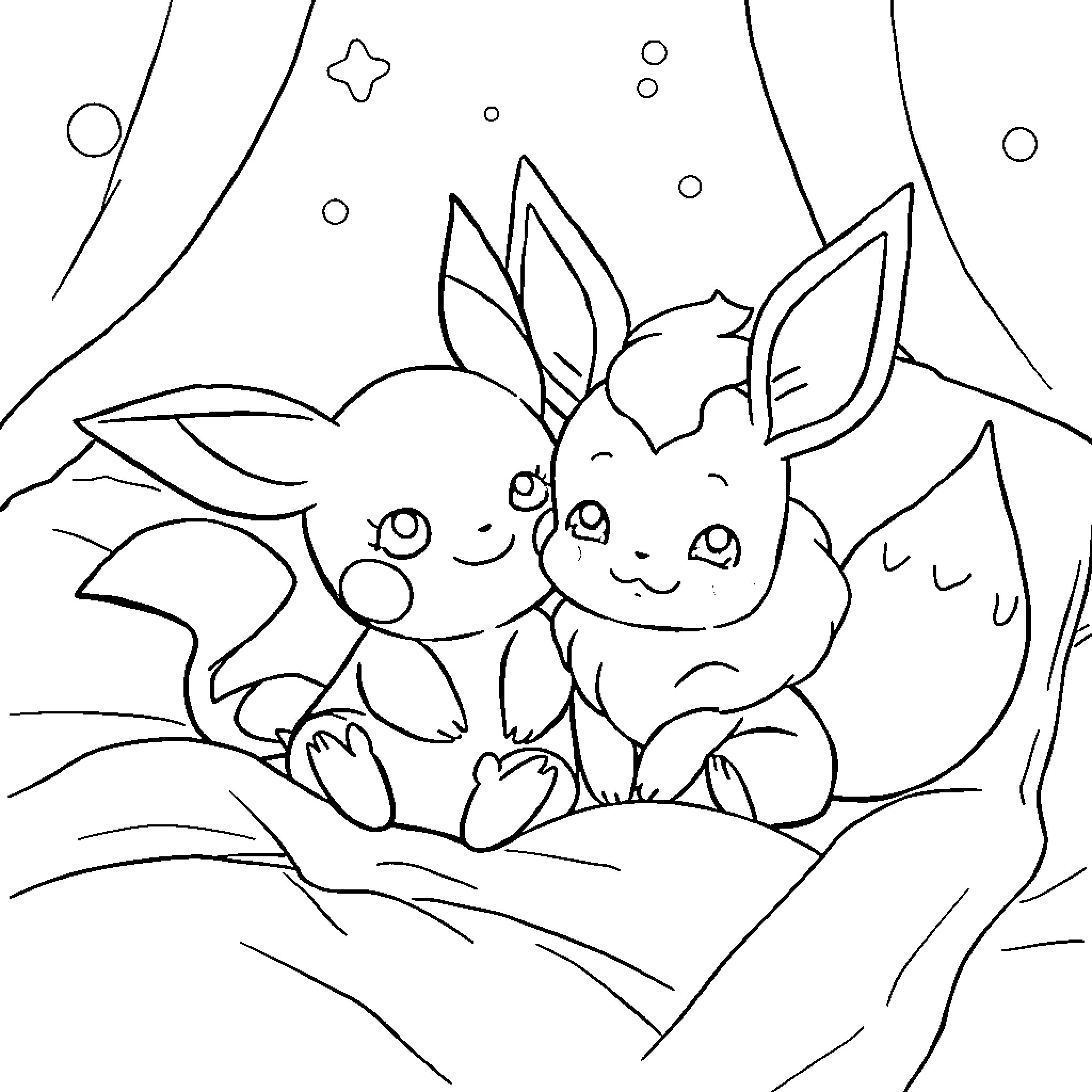 Pikachu and Eevee in a Starry Night Coloring Page (free black-and-white line drawing printable PDF for all, from beginners to advanced learners, including children, teens, adults, and seniors)