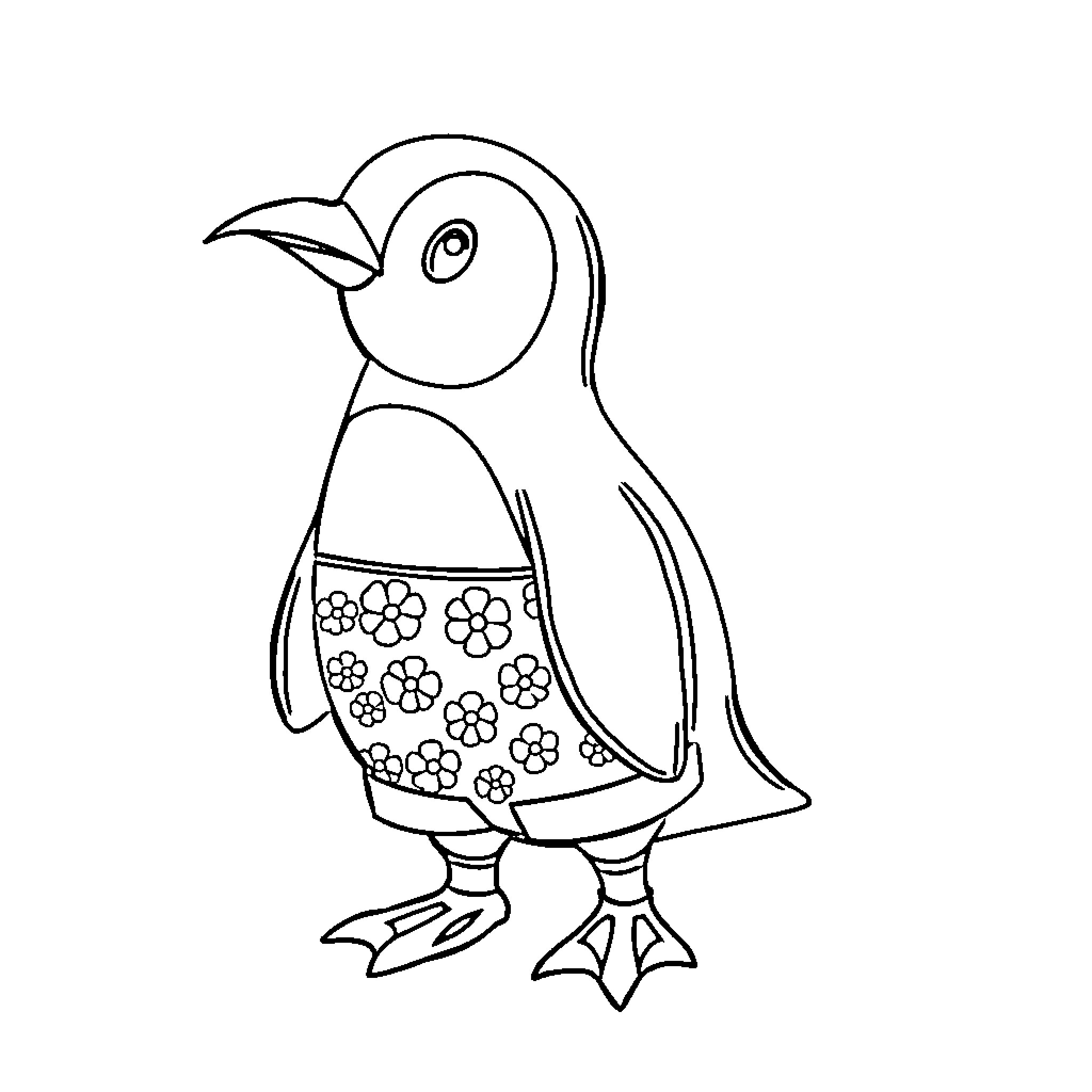 Penguin wearing a floral outfit Coloring Page (free black-and-white line drawing printable PDF for all, from beginners to advanced learners, including children, teens, adults, and seniors)