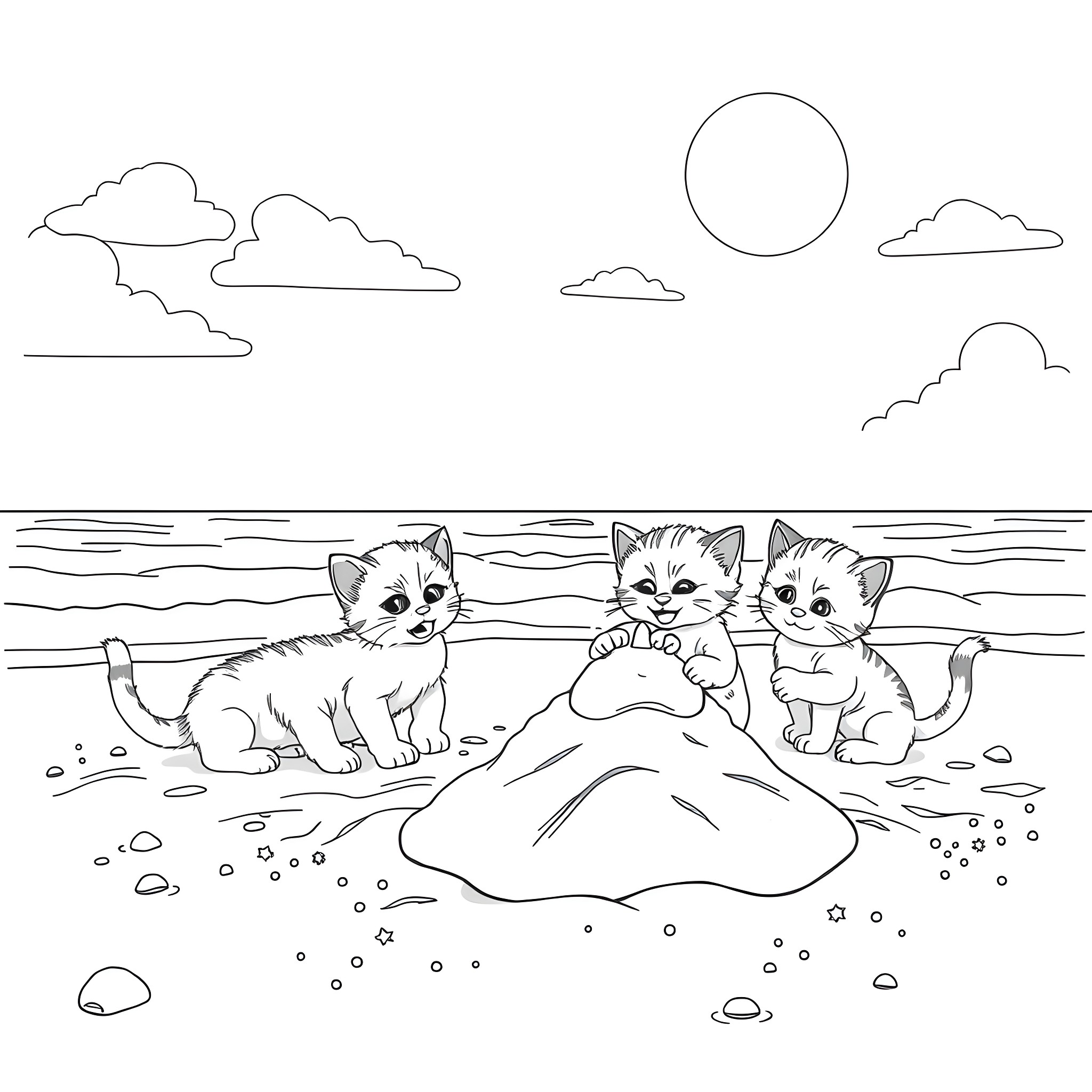 Kittens playing on the beach Coloring Page (free black-and-white line drawing printable PDF for all, from beginners to advanced learners, including children, teens, adults, and seniors)