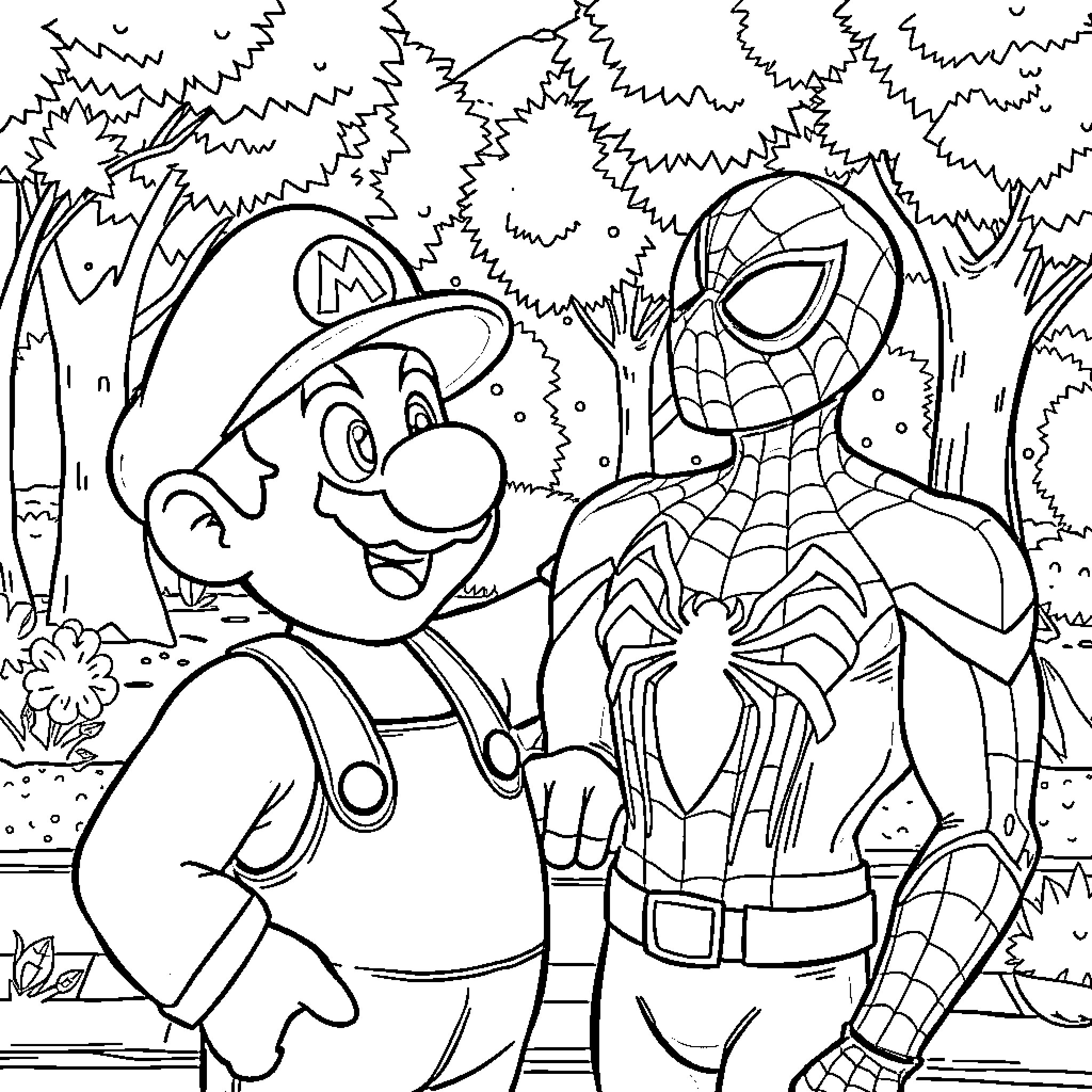 Mario and Spiderman in the Enchanted Forest Coloring Page (free black-and-white line drawing printable PDF for all, from beginners to advanced learners, including children, teens, adults, and seniors)