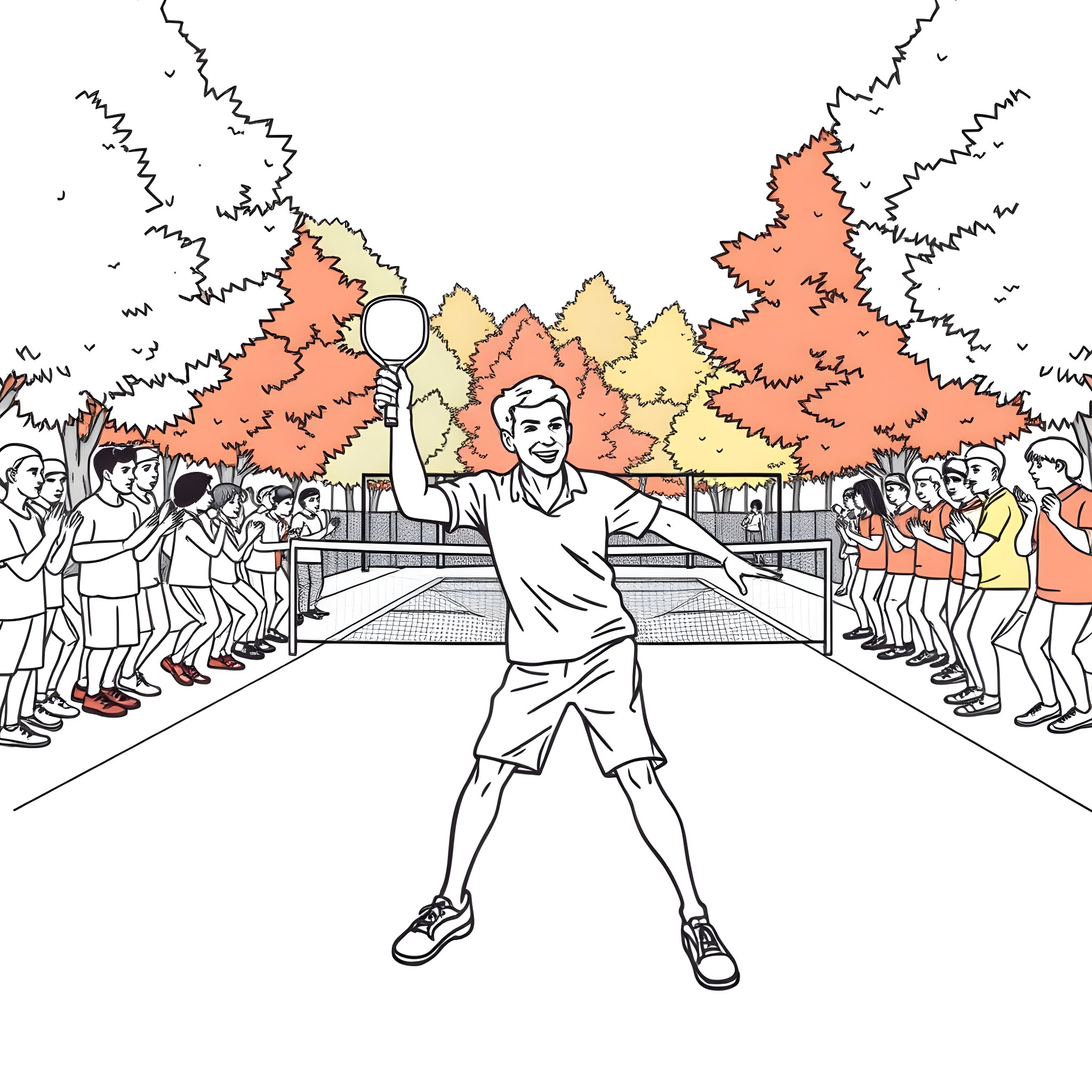 Guy celebrating victory in a race with fans Coloring Page (free black-and-white line drawing printable PDF for all, from beginners to advanced learners, including children, teens, adults, and seniors)