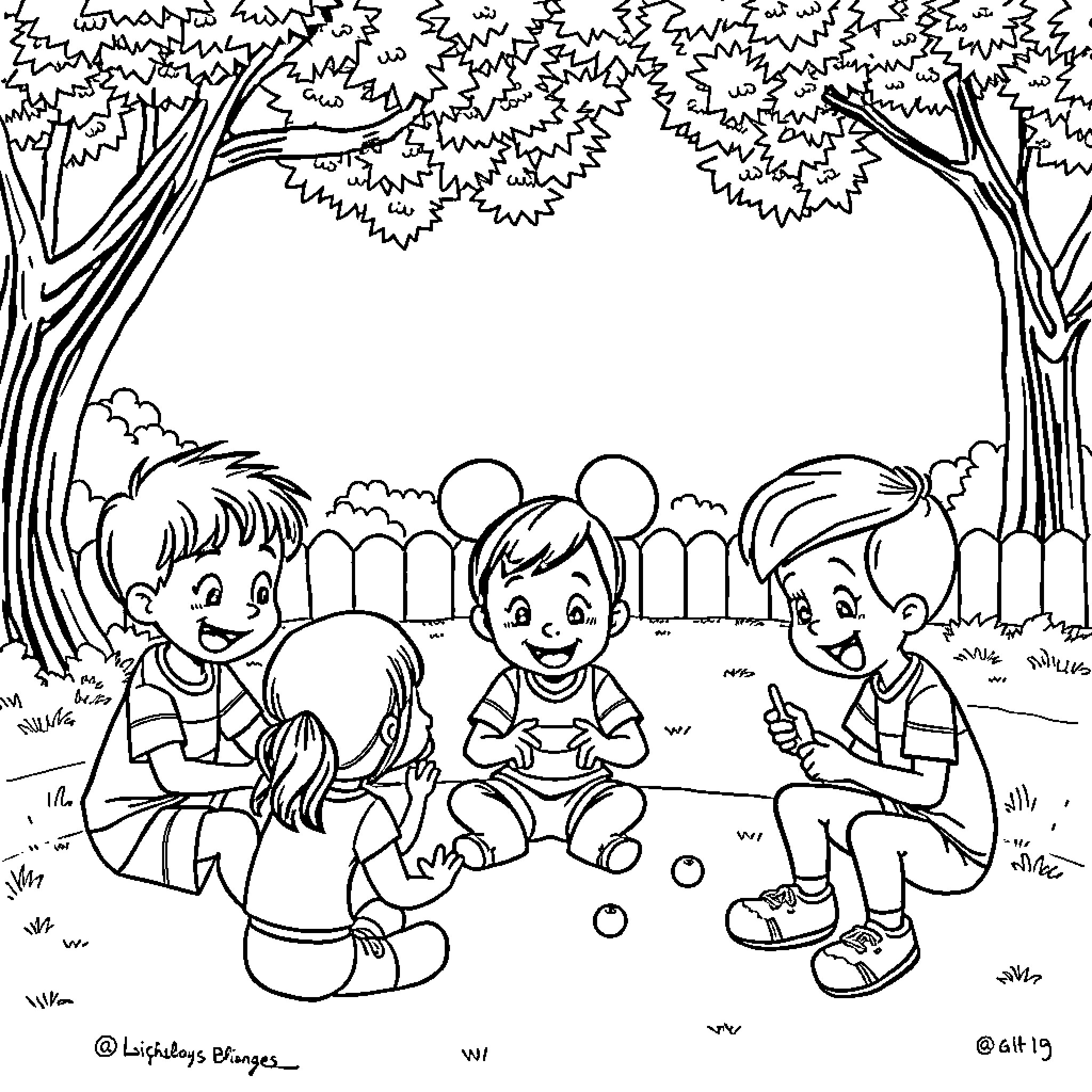 Disney Recess: Children Playing Outdoors Coloring Page (free black-and-white line drawing printable PDF for all, from beginners to advanced learners, including children, teens, adults, and seniors)
