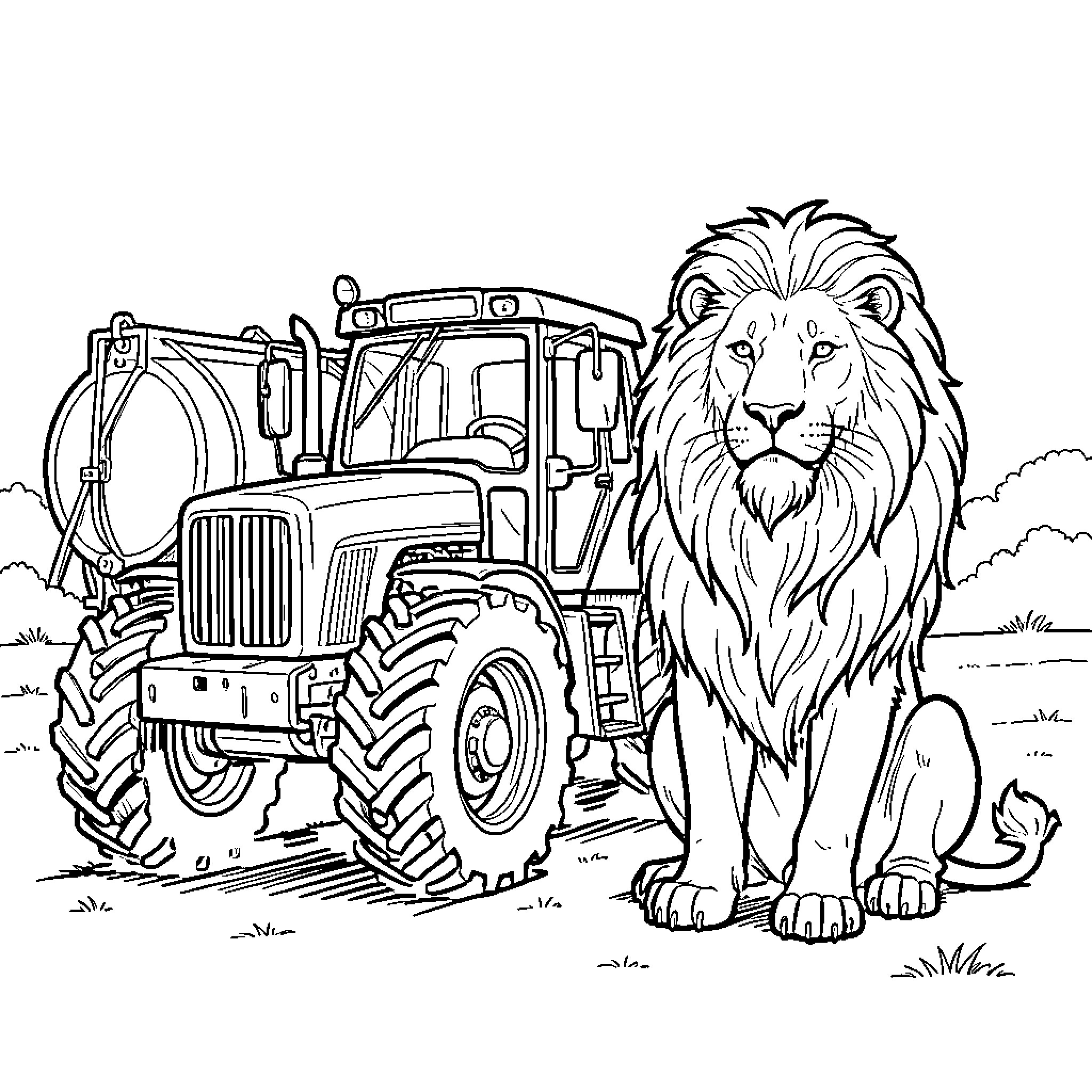 Tractor and majestic lion in rural landscape Coloring Page (free black-and-white line drawing printable PDF for all, from beginners to advanced learners, including children, teens, adults, and seniors)
