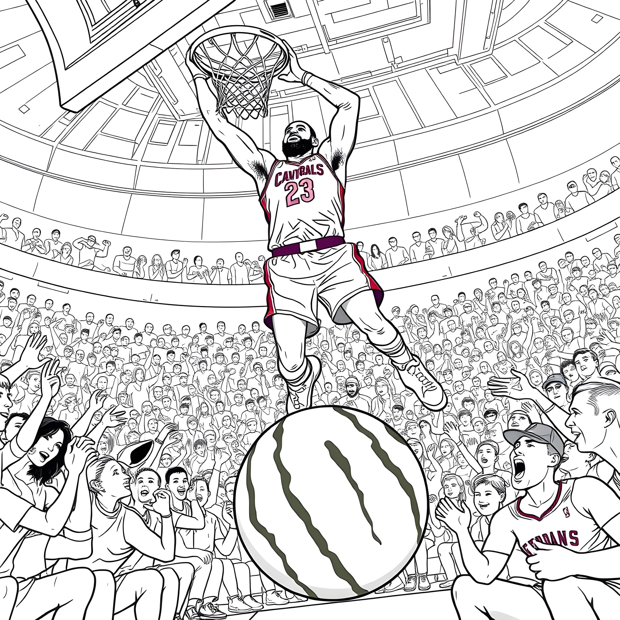 LeBron James dunking a basketball in a crowded arena Coloring Page (free black-and-white line drawing printable PDF for all, from beginners to advanced learners, including children, teens, adults, and seniors)