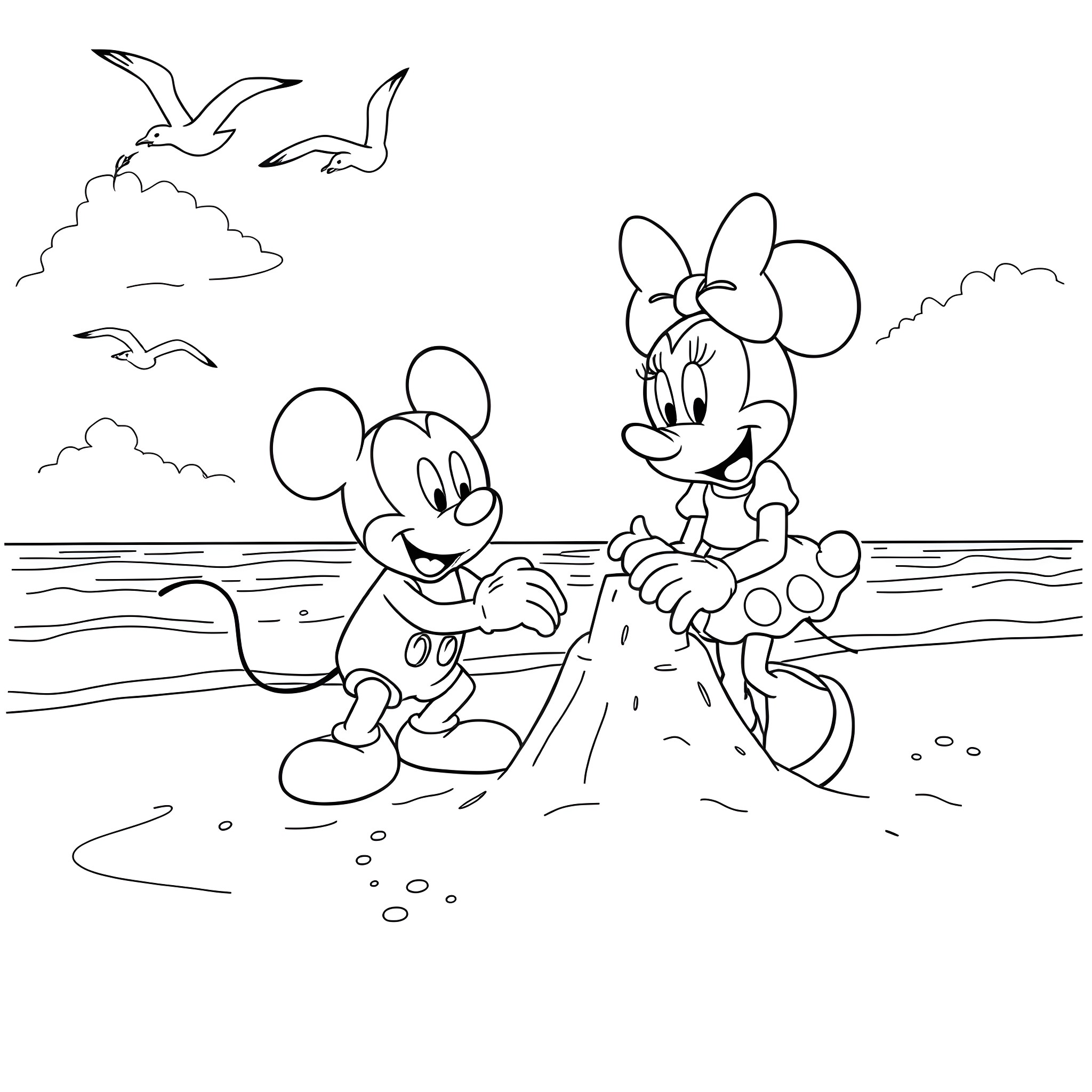 Bluey and Minnie building a sandcastle on the beach Coloring Page (free black-and-white line drawing printable PDF for all, from beginners to advanced learners, including children, teens, adults, and seniors)