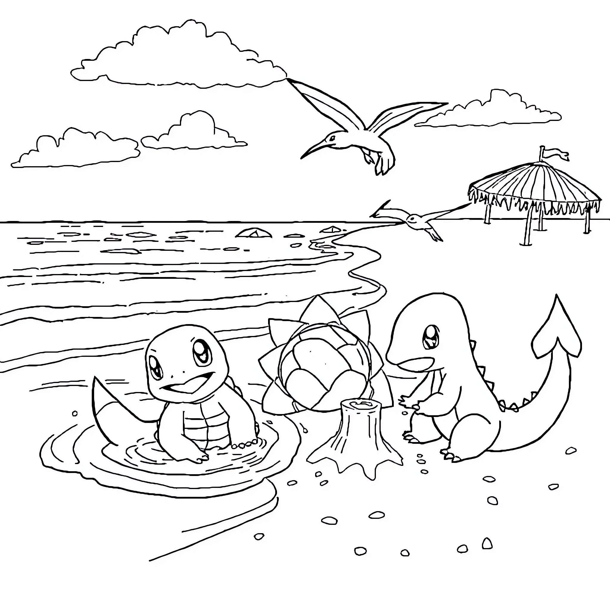 Pokémon enjoying a day at the beach Coloring Page (free black-and-white line drawing printable PDF for all, from beginners to advanced learners, including children, teens, adults, and seniors)