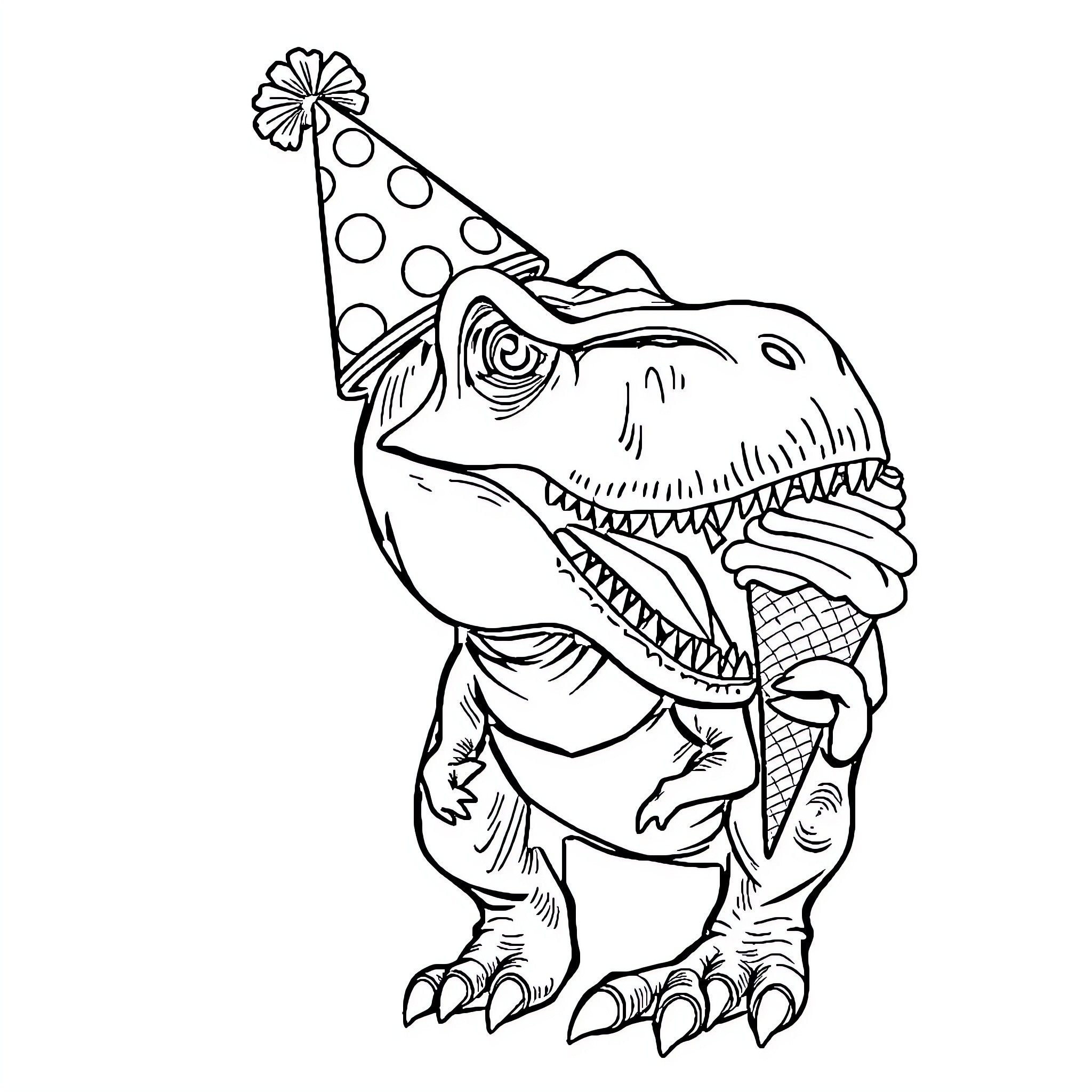T-Rex wearing a party hat and celebrating Coloring Page (free black-and-white line drawing printable PDF for all, from beginners to advanced learners, including children, teens, adults, and seniors)