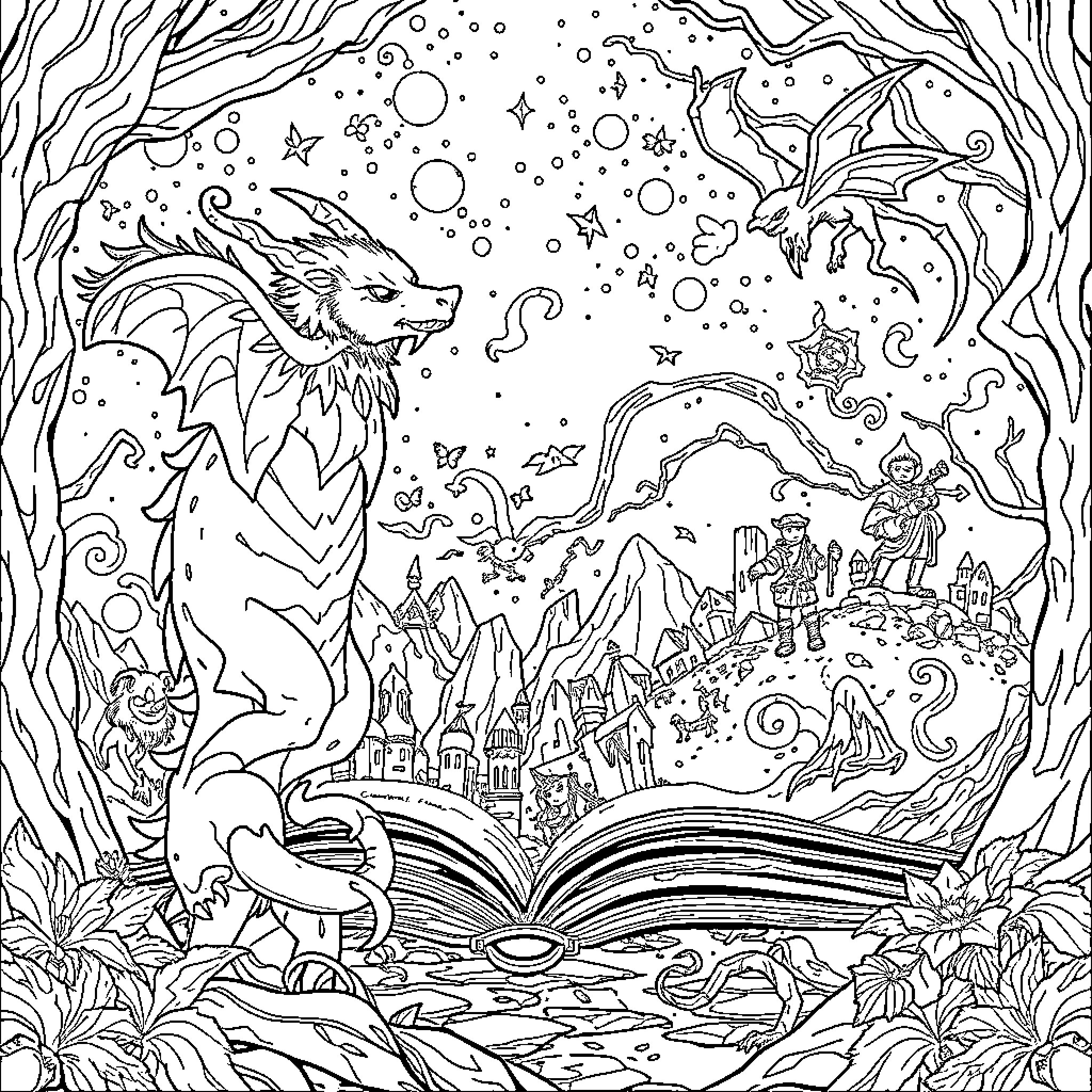 Fantasy Book with Enchanting Creatures and Magical Landscapes Coloring Page (free black-and-white line drawing printable PDF for all, from beginners to advanced learners, including children, teens, adults, and seniors)