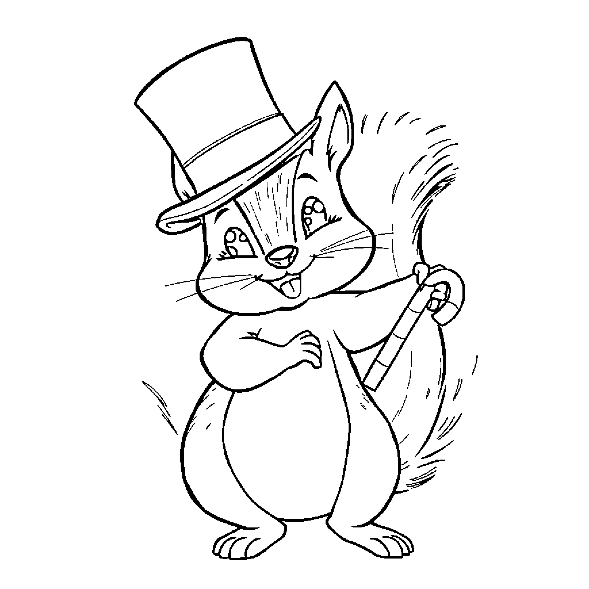 Squirrel in a top hat with a cane Coloring Page (free black-and-white line drawing printable PDF for all, from beginners to advanced learners, including children, teens, adults, and seniors)