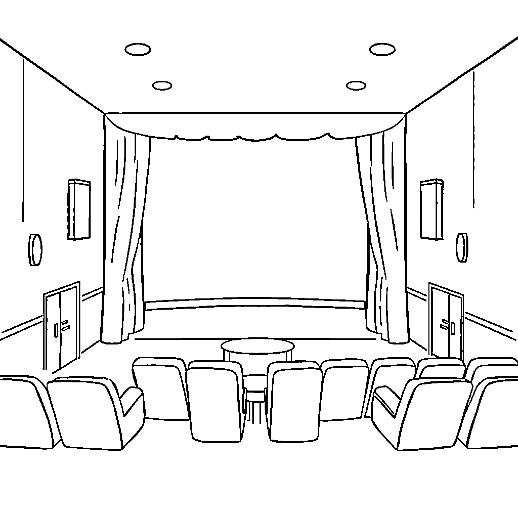 Movie Theater With Stage and Seating Coloring Page (free black-and-white line drawing printable PDF for all, from beginners to advanced learners, including children, teens, adults, and seniors)