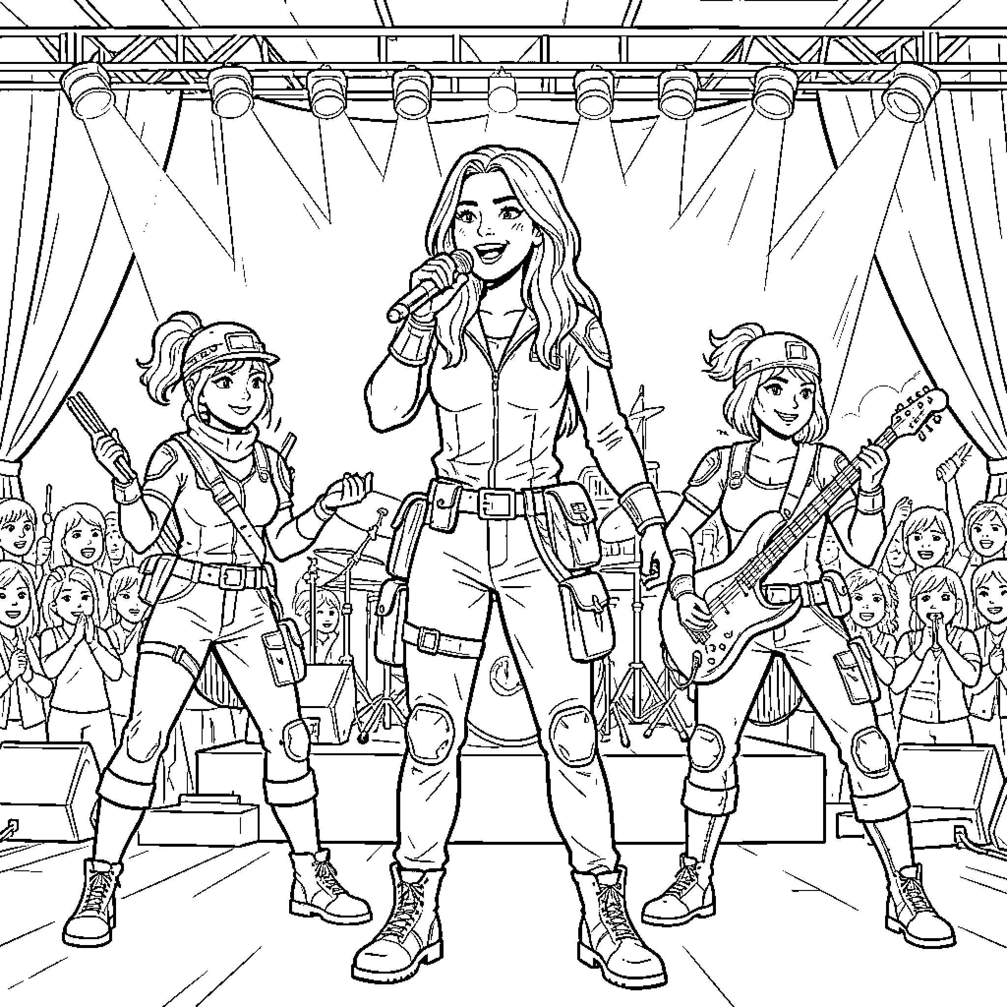 Louane performing a song with her band members Coloring Page (free black-and-white line drawing printable PDF for all, from beginners to advanced learners, including children, teens, adults, and seniors)