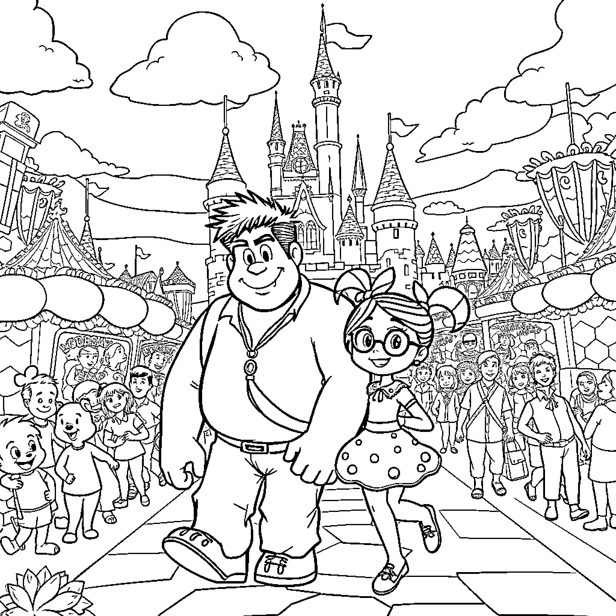 Ralph and friends explore magical fairytale land Coloring Page (free black-and-white line drawing printable PDF for all, from beginners to advanced learners, including children, teens, adults, and seniors)