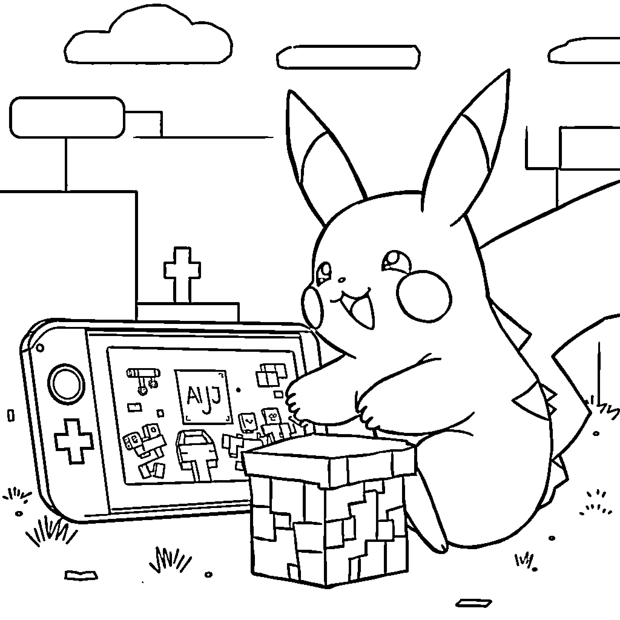 Pikachu playing with a handheld game device Coloring Page (free black-and-white line drawing printable PDF for all, from beginners to advanced learners, including children, teens, adults, and seniors)