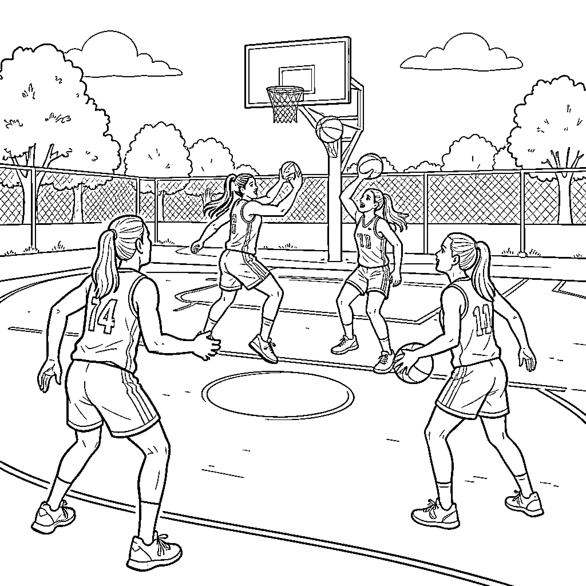 Joueuse de basket jouant un match dynamique Coloring Page (free black-and-white line drawing printable PDF for all, from beginners to advanced learners, including children, teens, adults, and seniors)