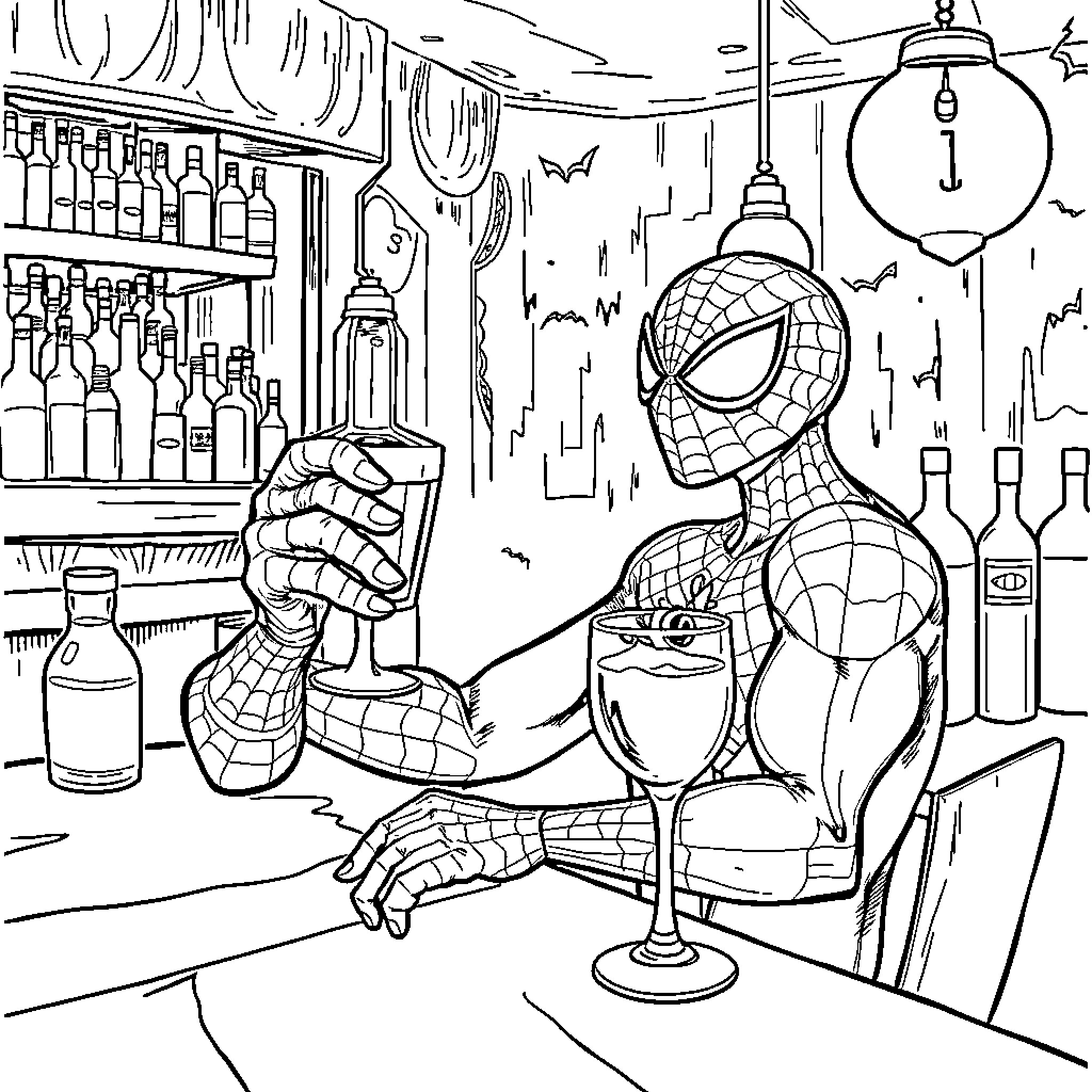 Spiderman enjoying a drink at the bar Coloring Page (free black-and-white line drawing printable PDF for all, from beginners to advanced learners, including children, teens, adults, and seniors)