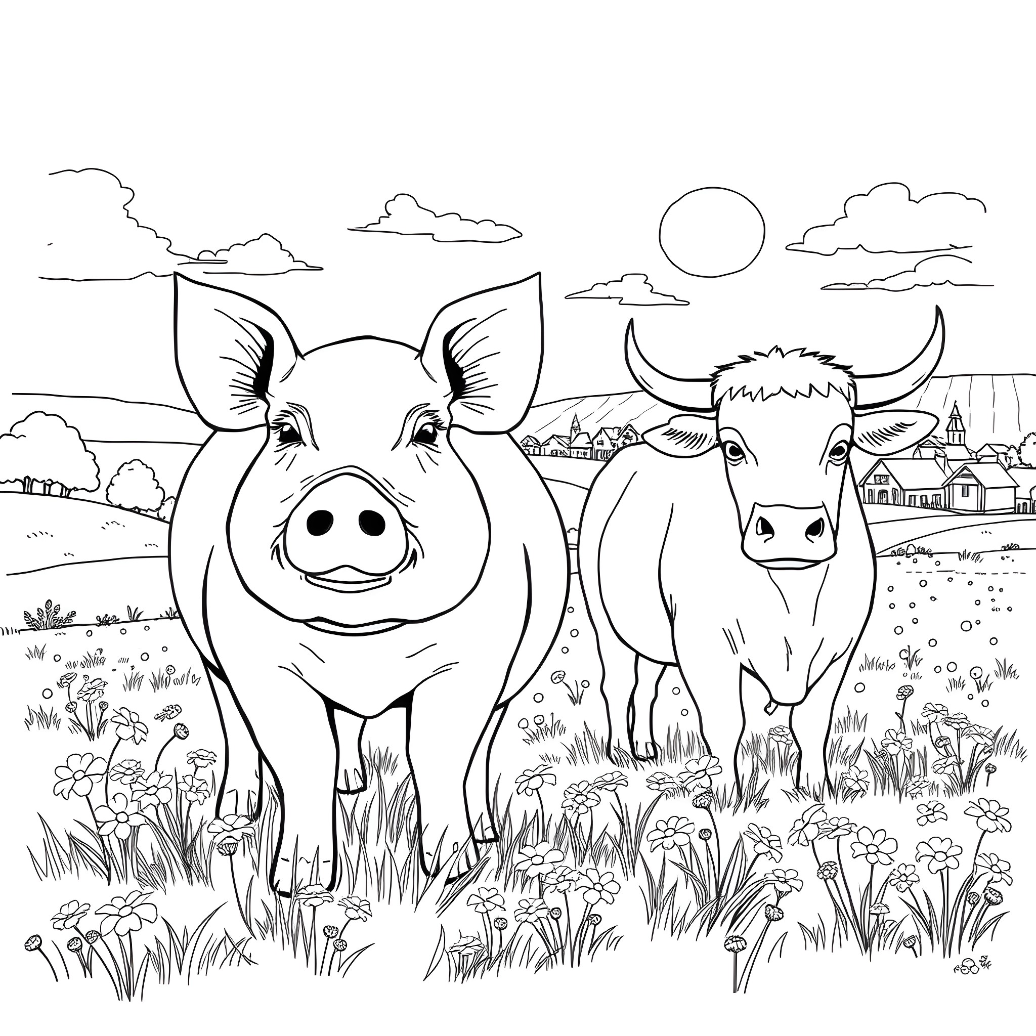 Pig and cow enjoying scenic countryside Coloring Page (free black-and-white line drawing printable PDF for all, from beginners to advanced learners, including children, teens, adults, and seniors)