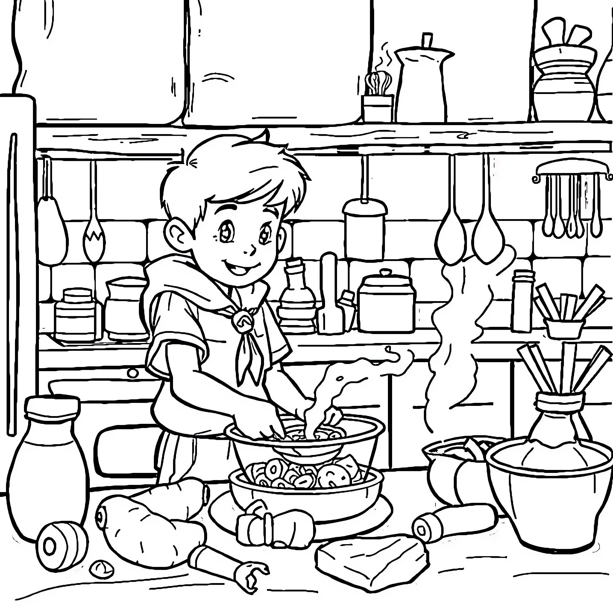 Scout Preparing Meals in a Busy Kitchen Coloring Page (free black-and-white line drawing printable PDF for all, from beginners to advanced learners, including children, teens, adults, and seniors)