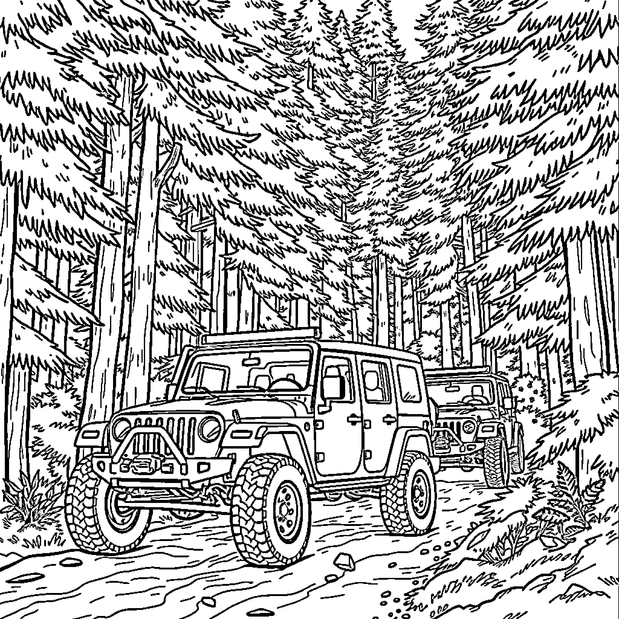 Offroad Car Exploring the Rugged Wilderness Coloring Page (free black-and-white line drawing printable PDF for all, from beginners to advanced learners, including children, teens, adults, and seniors)