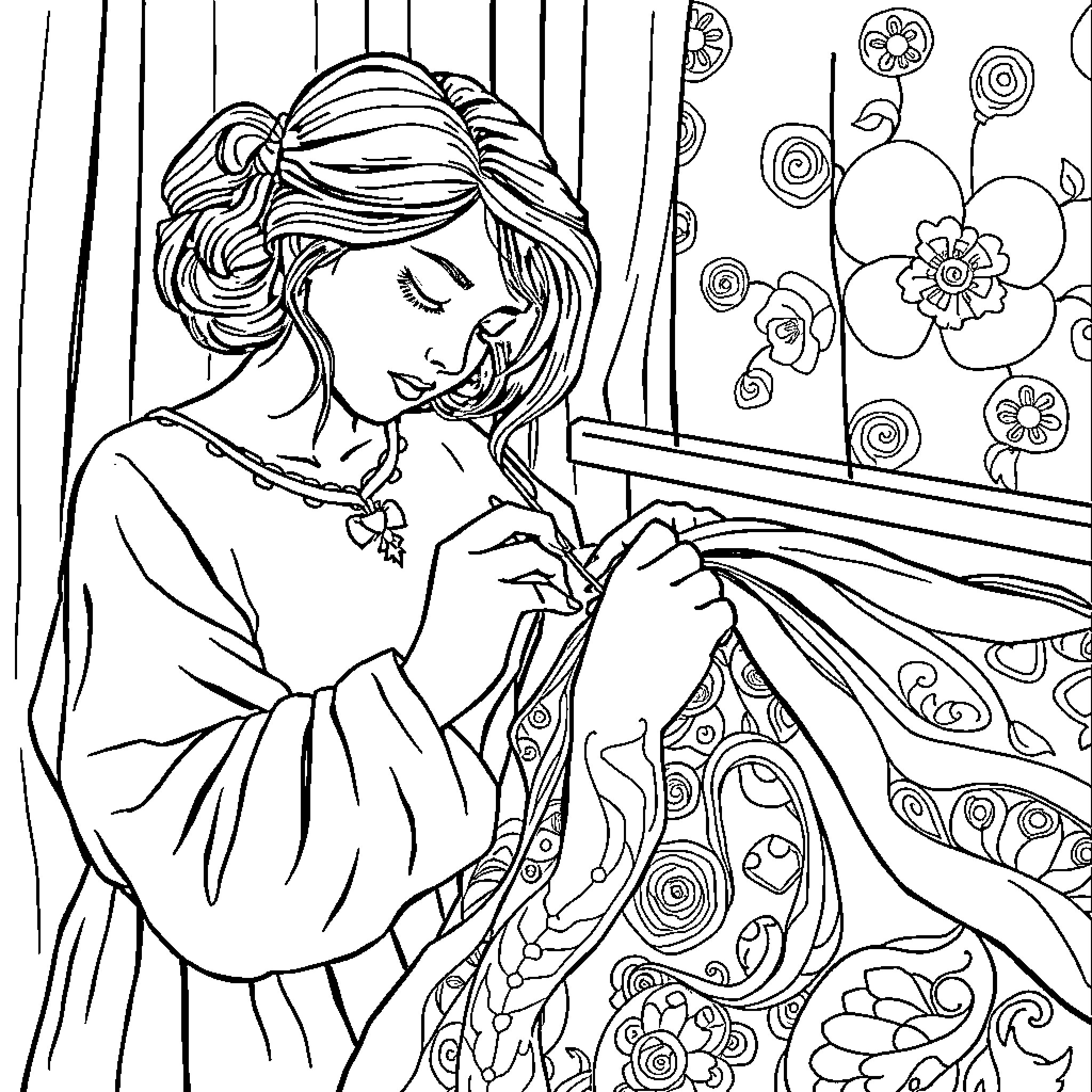 Sewing Elegant Clothing with Intricate Patterns Coloring Page (free black-and-white line drawing printable PDF for all, from beginners to advanced learners, including children, teens, adults, and seniors)