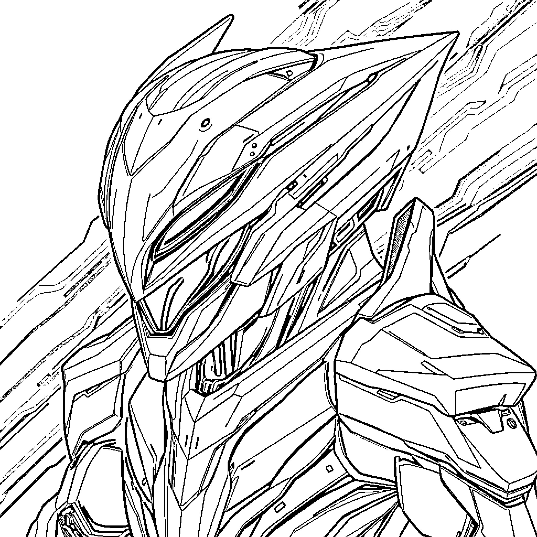 HUNTR/X Mech Suit in Battle Mode Coloring Page (free black-and-white line drawing printable PDF for all, from beginners to advanced learners, including children, teens, adults, and seniors)